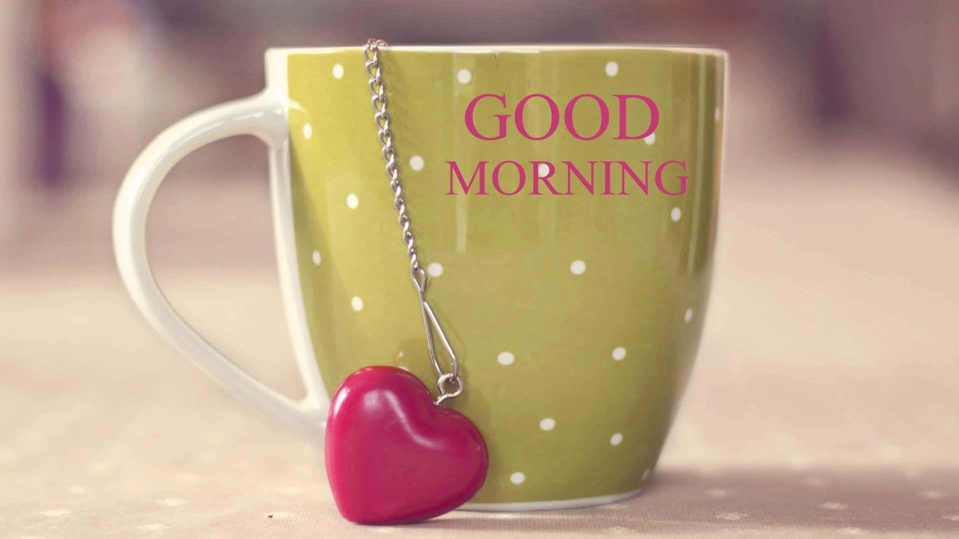 綠色杯子上有白色圓點和粉紅色文字寫著 good morning，手柄上掛著一個紅色心形吊飾。