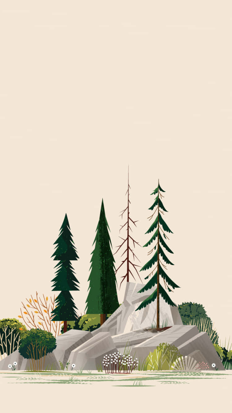 米色背景上繪有松樹和岩石的森林插圖