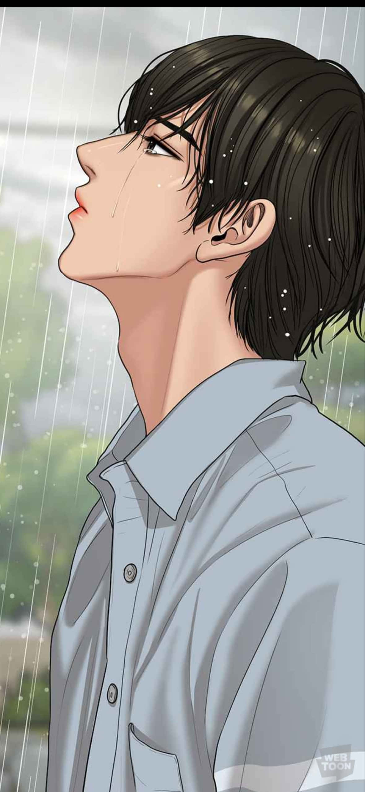 晨曦中的棉花田 壁紙 — 一位深色頭髮的年輕男子在雨中向上凝望，雨滴沿著他的臉頰流下，背景是模糊的綠色。