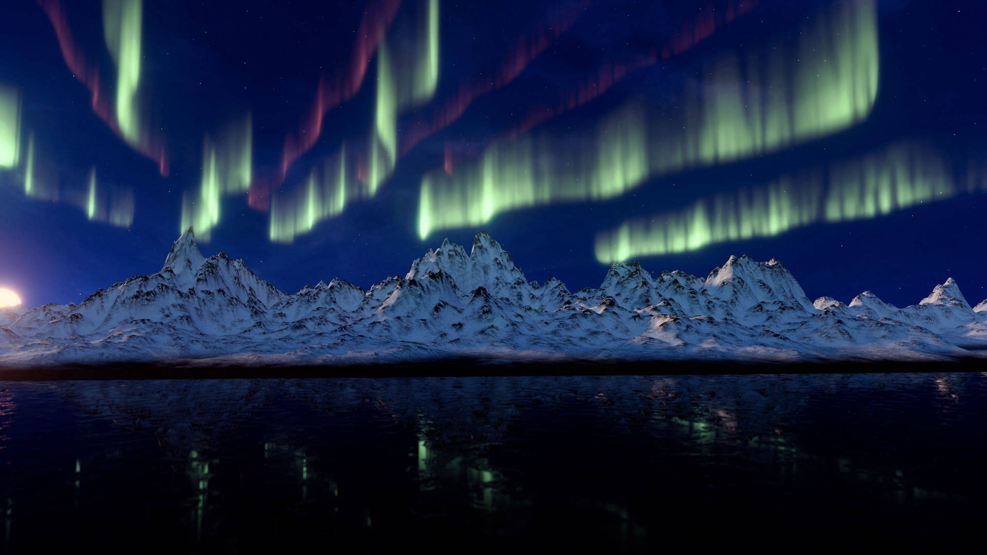 極光在夜間黑暗湖泊中倒映的雪山上發光。
