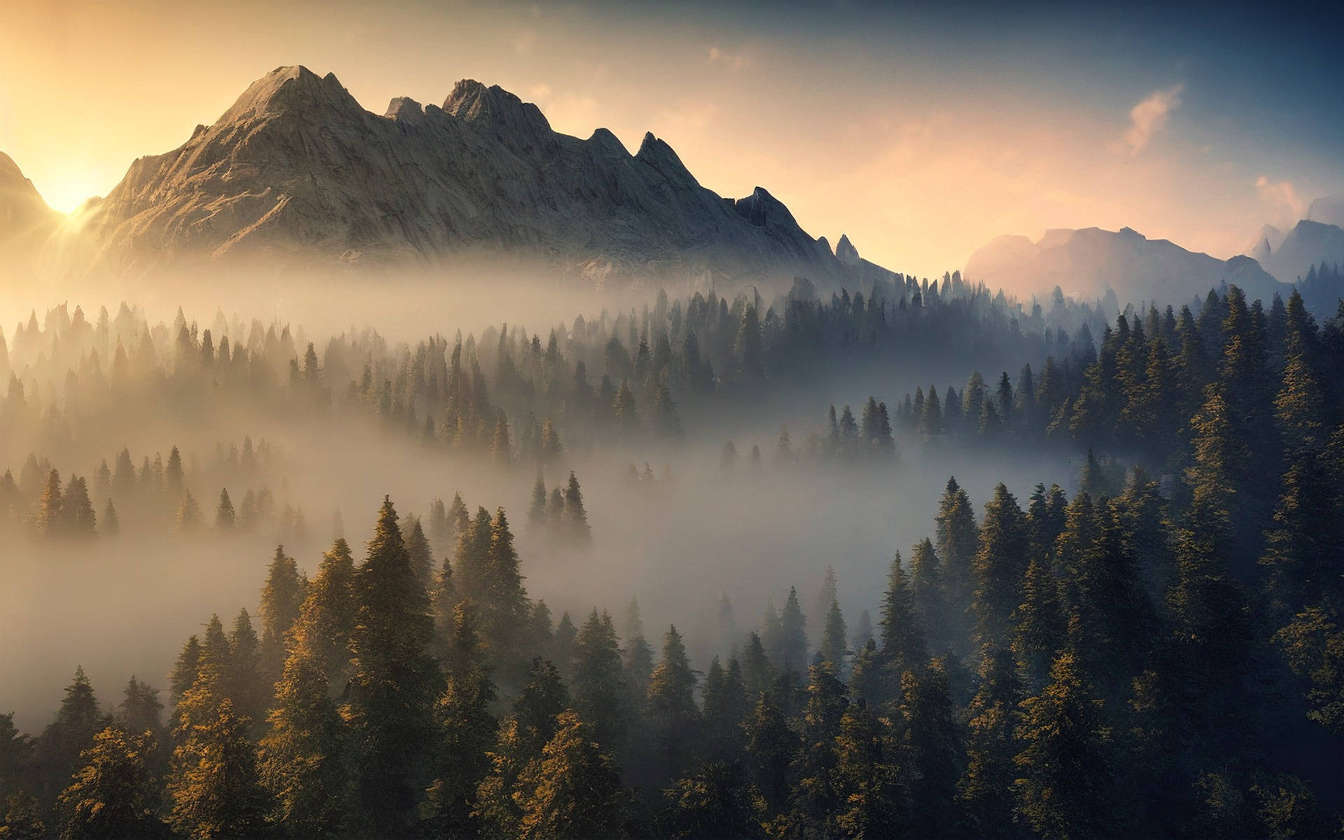 陽光穿過薄霧，灑在松樹林上，背景是山峰。