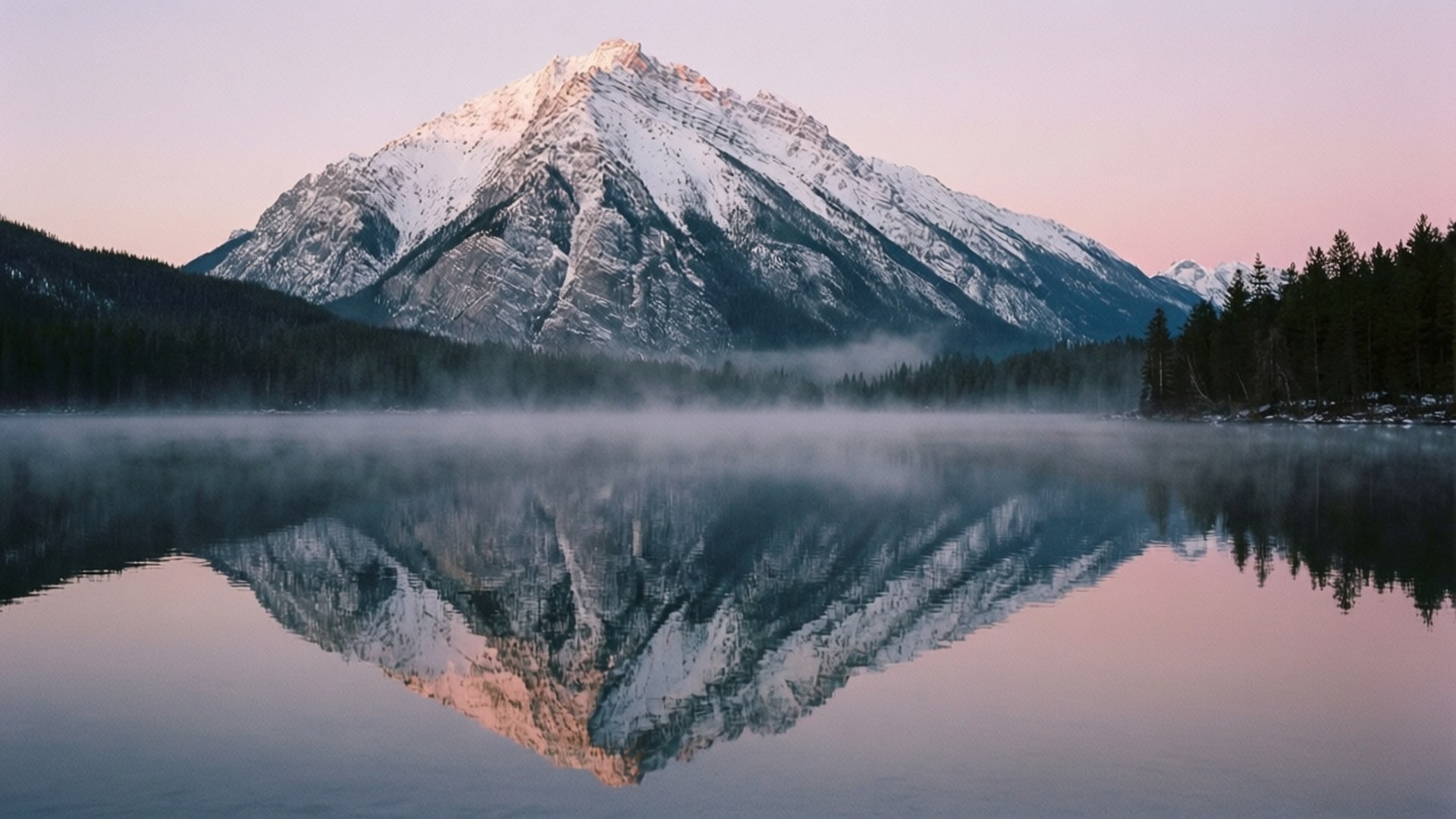 晨曦鏡湖 壁紙 — 黎明時分，積雪的山峰聳立於霧氣瀰漫的湖泊之上，在平靜的水面上形成完美倒影。