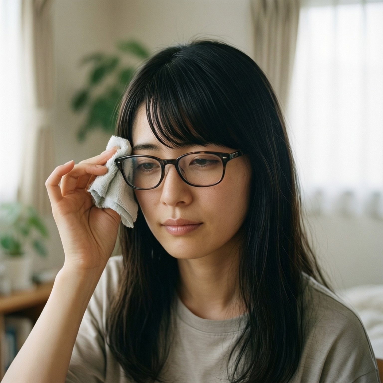 女性在室內窗邊用布清潔眼鏡