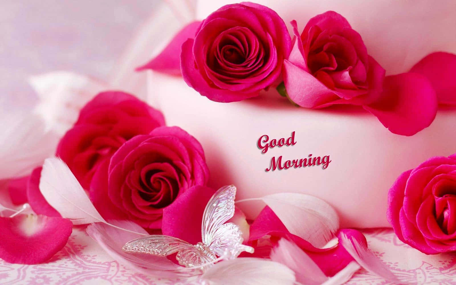 粉紅玫瑰和花瓣，帶有水晶蝴蝶和粉紅色盒子上的「Good Morning」文字。