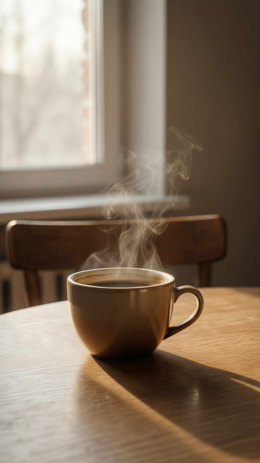 冒著熱氣的咖啡杯放在窗邊木桌上，陽光照射