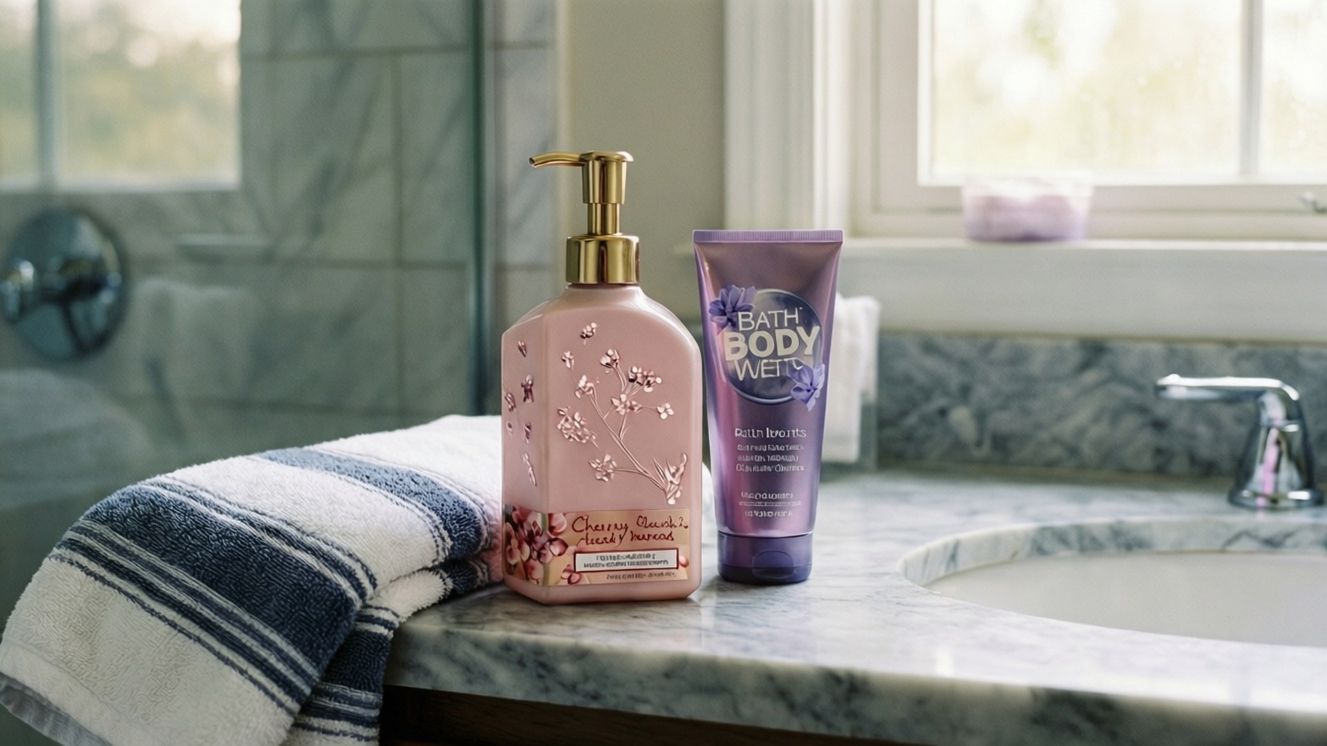 晨間自我呵護儀式 壁紙 — 粉紅色櫻花洗手液和紫色Bath Body Works乳液放在窗邊大理石浴室櫃檯上的條紋毛巾旁邊。