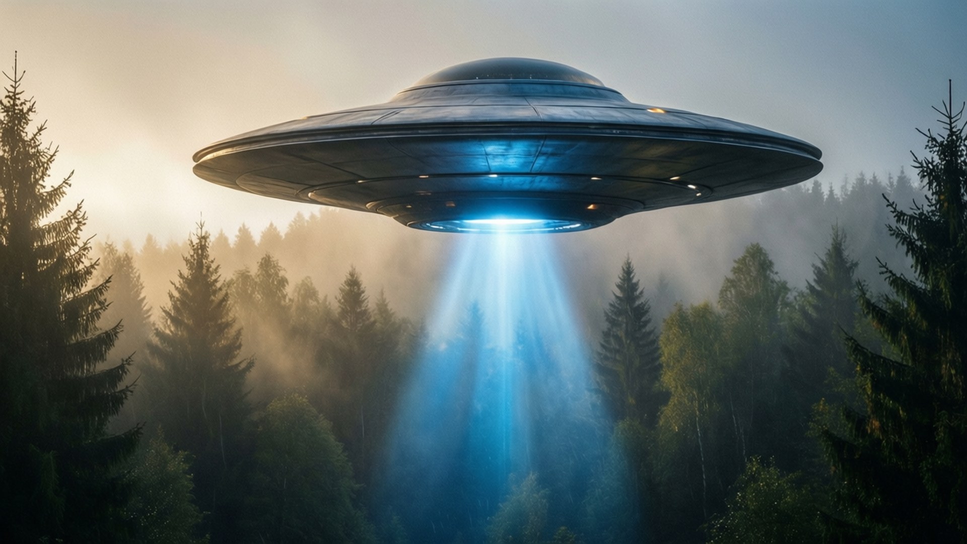 晨霧森林光束 壁紙 — 一個發光的UFO懸浮在霧氣瀰漫的森林上空，透過樹木向下投射明亮的藍色光束。