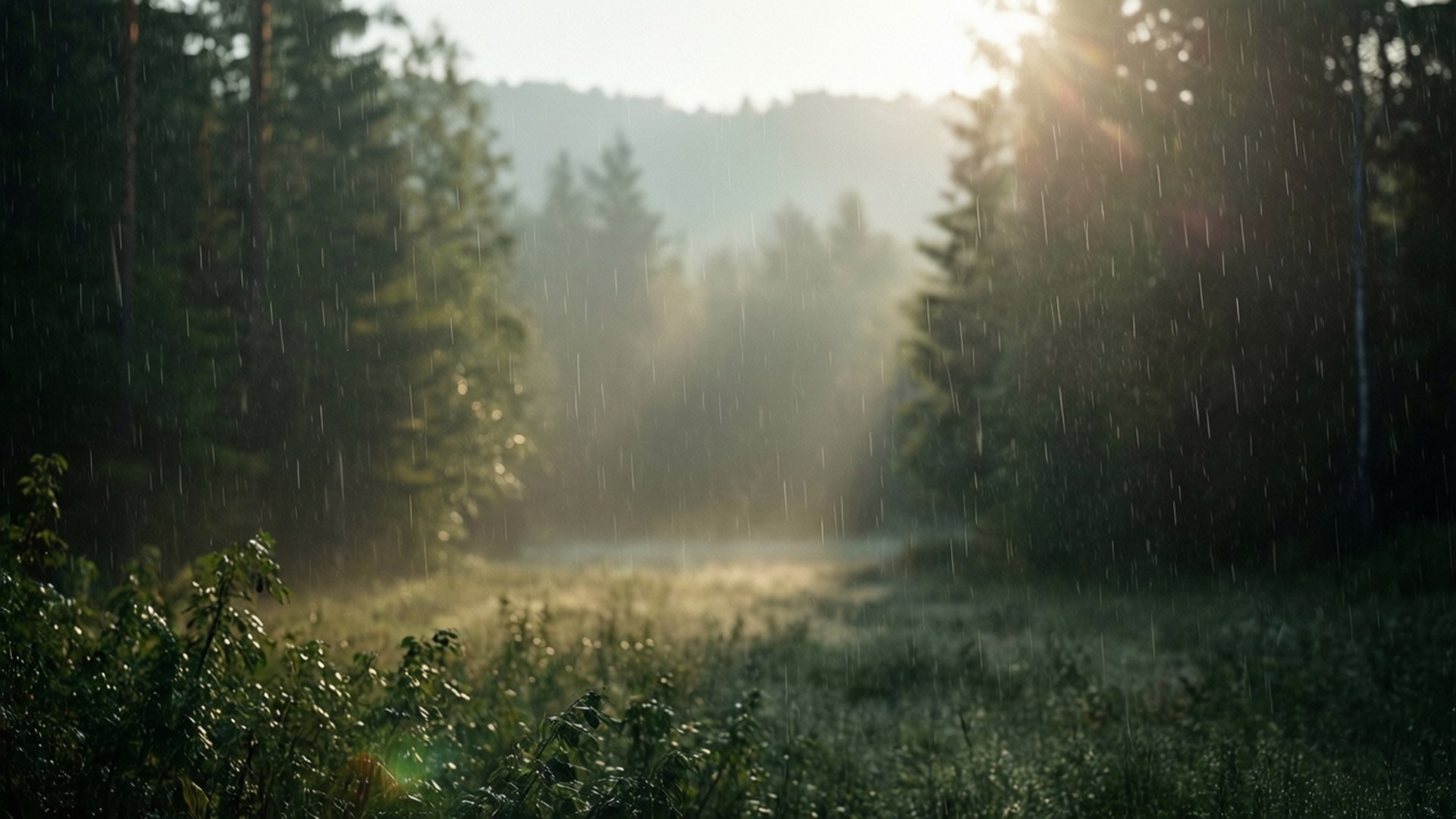 晨霧森林細雨 壁紙 — 陽光穿透雨水，灑落在被高大常綠樹環繞的迷霧森林小徑上。