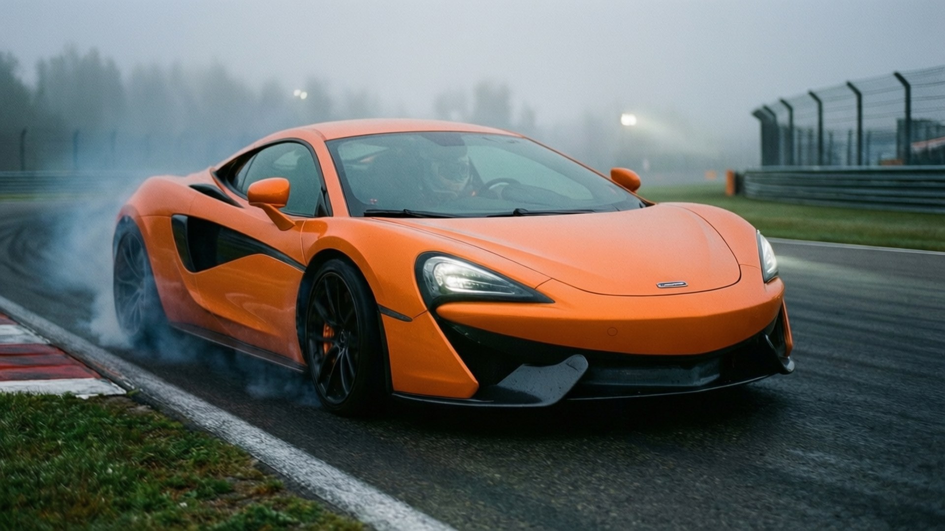 橙色McLaren跑車在潮濕賽道上漂移並冒煙。