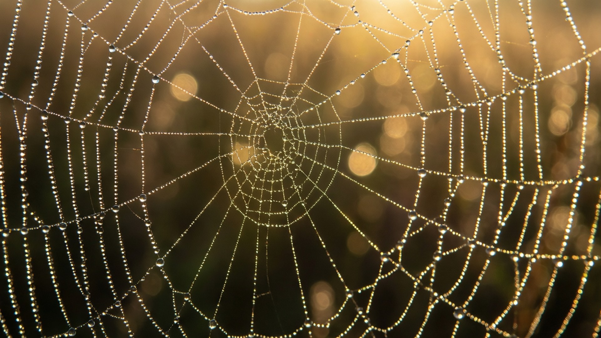 晨露閃耀蛛網 壁紙 — 精緻的蜘蛛網上閃爍著露珠，映襯著柔和的金色散景背景。