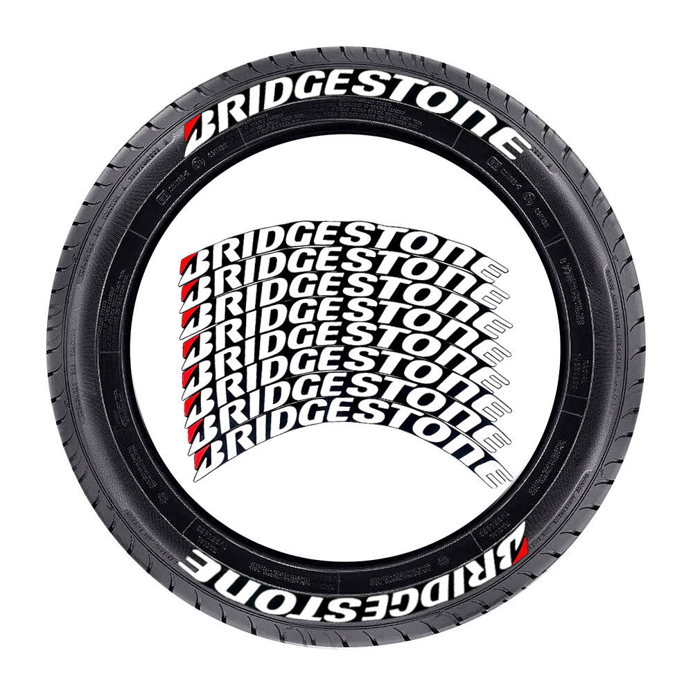 Bridgestone輪胎特寫，側壁上重複出現品牌標誌。