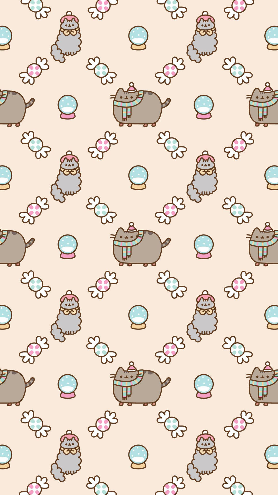 Pusheen 貓咪穿著冬季裝備，配上雪球和糖果，在粉彩背景上。