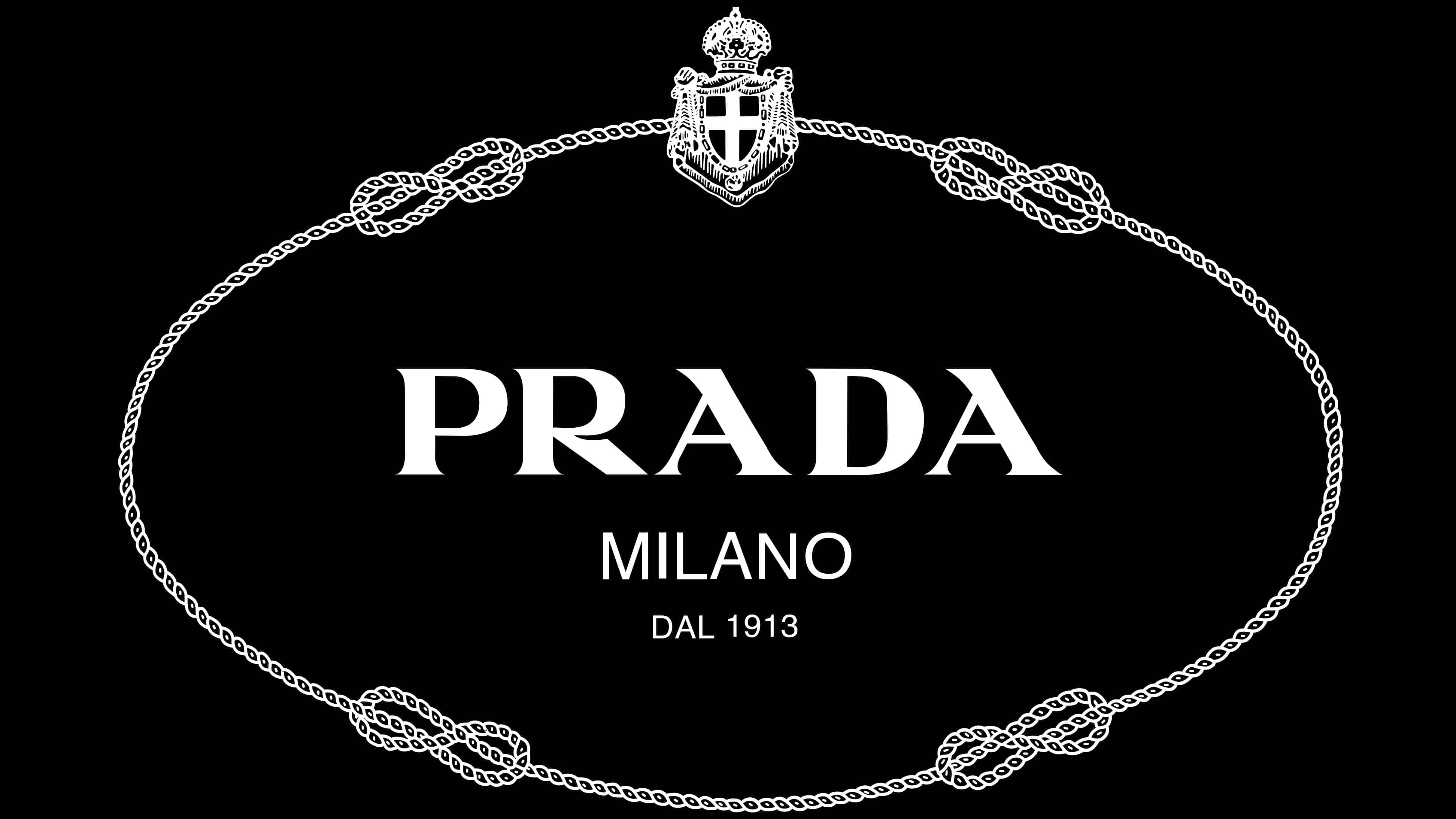 普拉達，時尚領先者 壁紙 — 簡約黑色背景，白色文字Prada標誌，由繩索狀橢圓形框住，頂部有徽章。