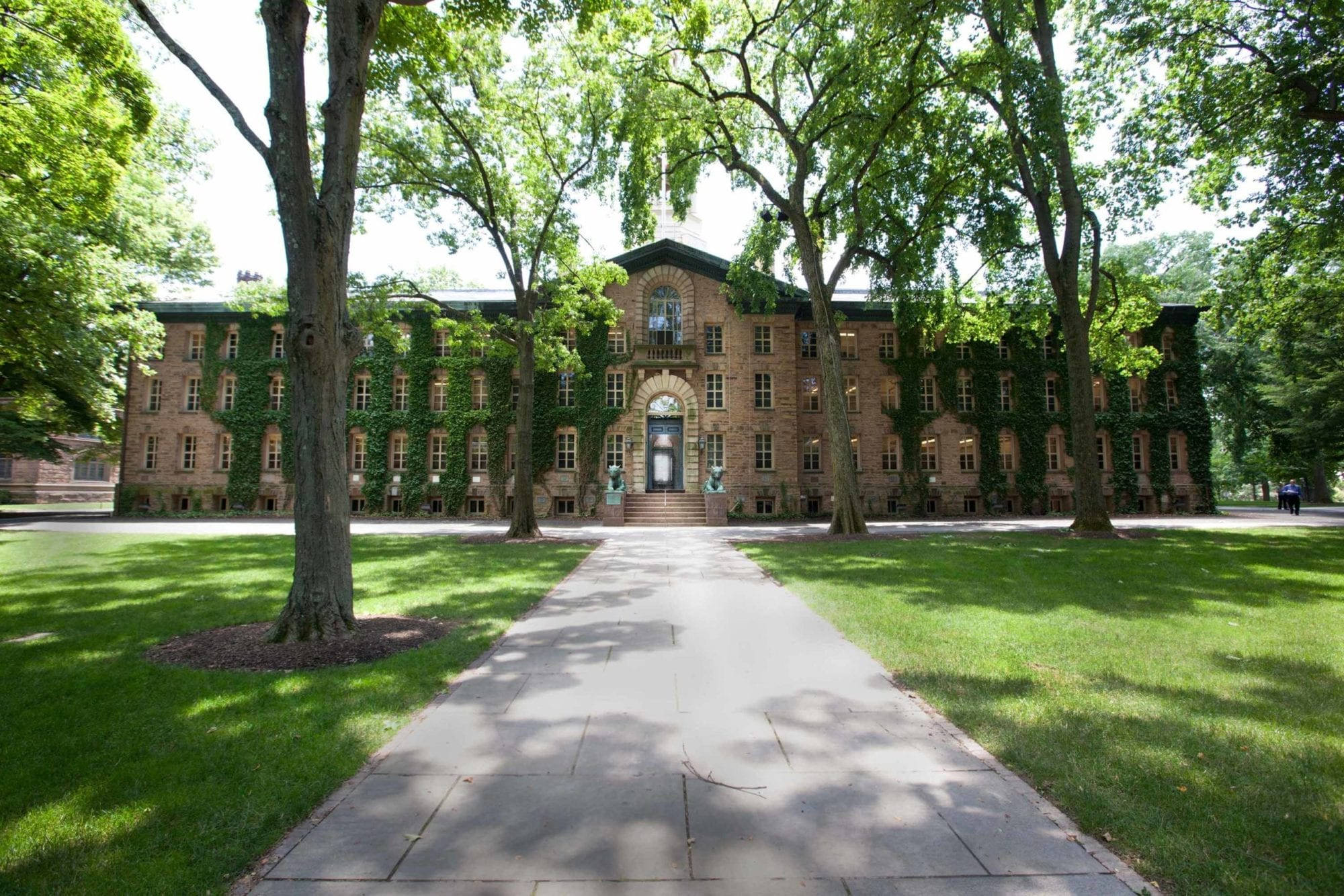 普林斯頓大學納薩廳 壁紙 — 一座宏偉的石造大學建築，覆蓋著茂密的綠色常春藤，在晴朗的日子裡矗立在綠樹成蔭的小徑盡頭。