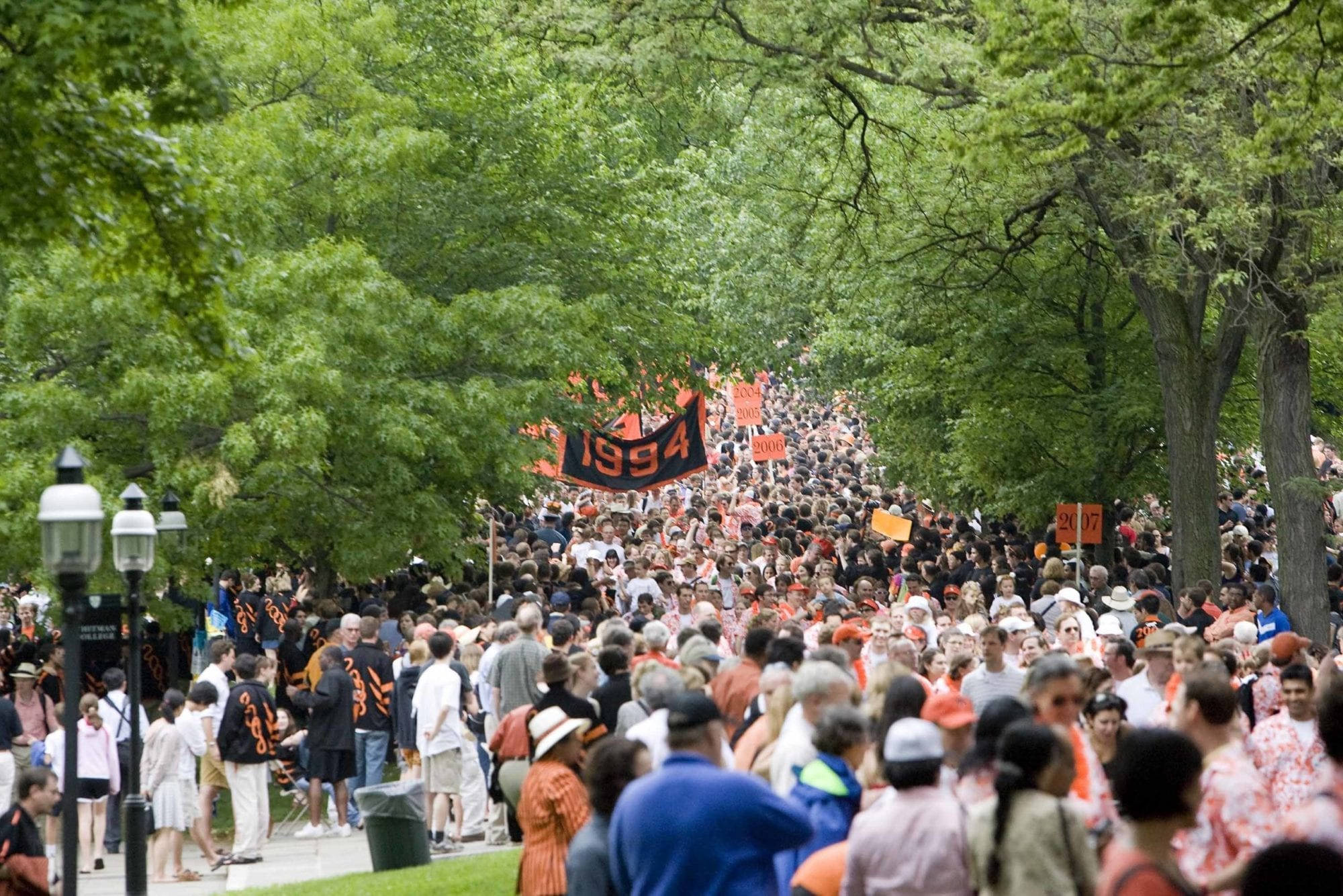 普林斯頓大學老虎遊行 壁紙 — 一群充滿活力、身穿橙色和黑色衣服的人群，在明亮的日光下擠滿了綠樹成蔭的校園小徑。