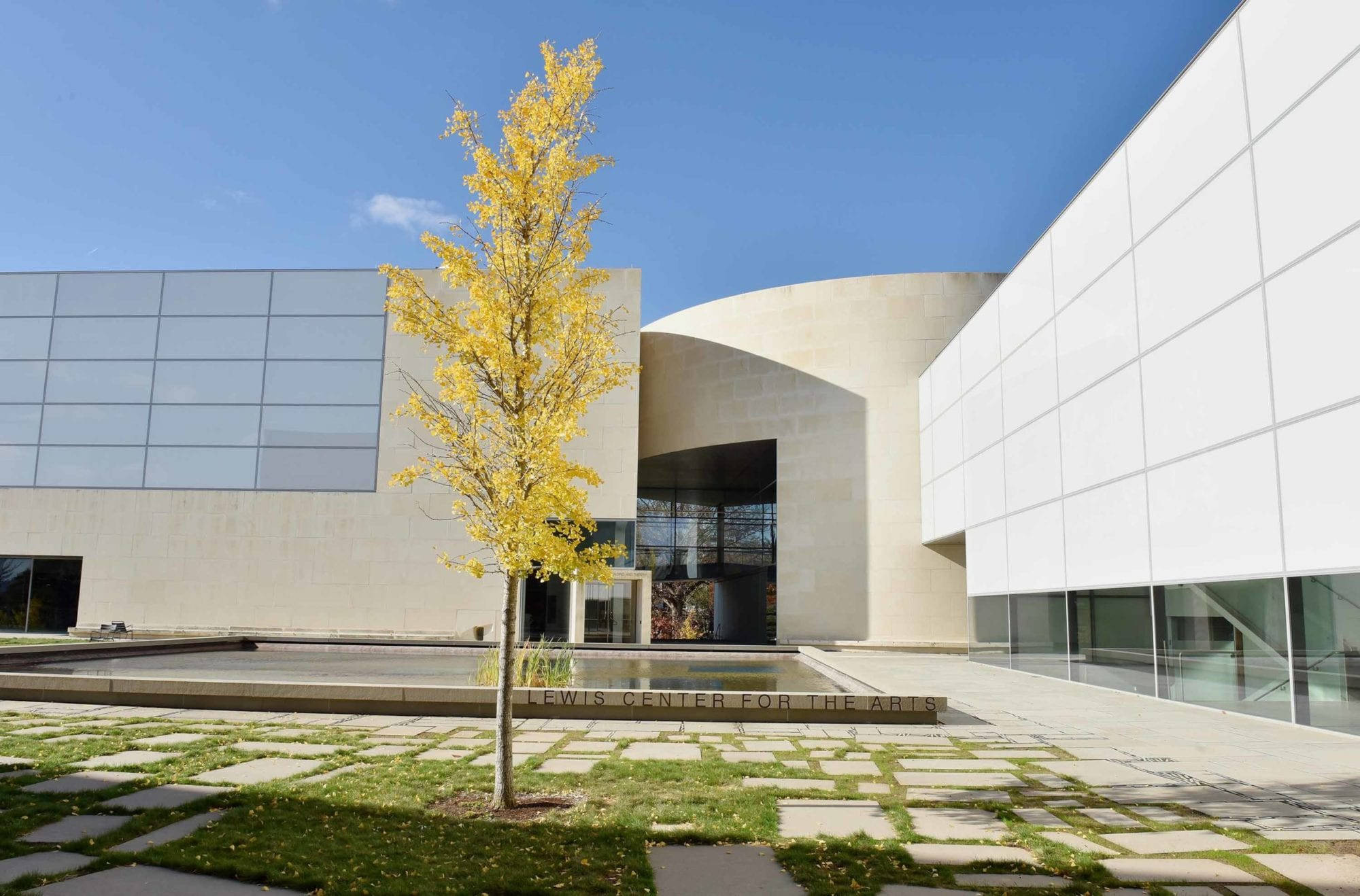 普林斯頓大學路易斯藝術中心 壁紙 — 一座現代建築，擁有彎曲的米色牆壁和玻璃面板，在晴朗的藍天下，修剪整齊的庭院中有一棵充滿活力的黃色樹木。