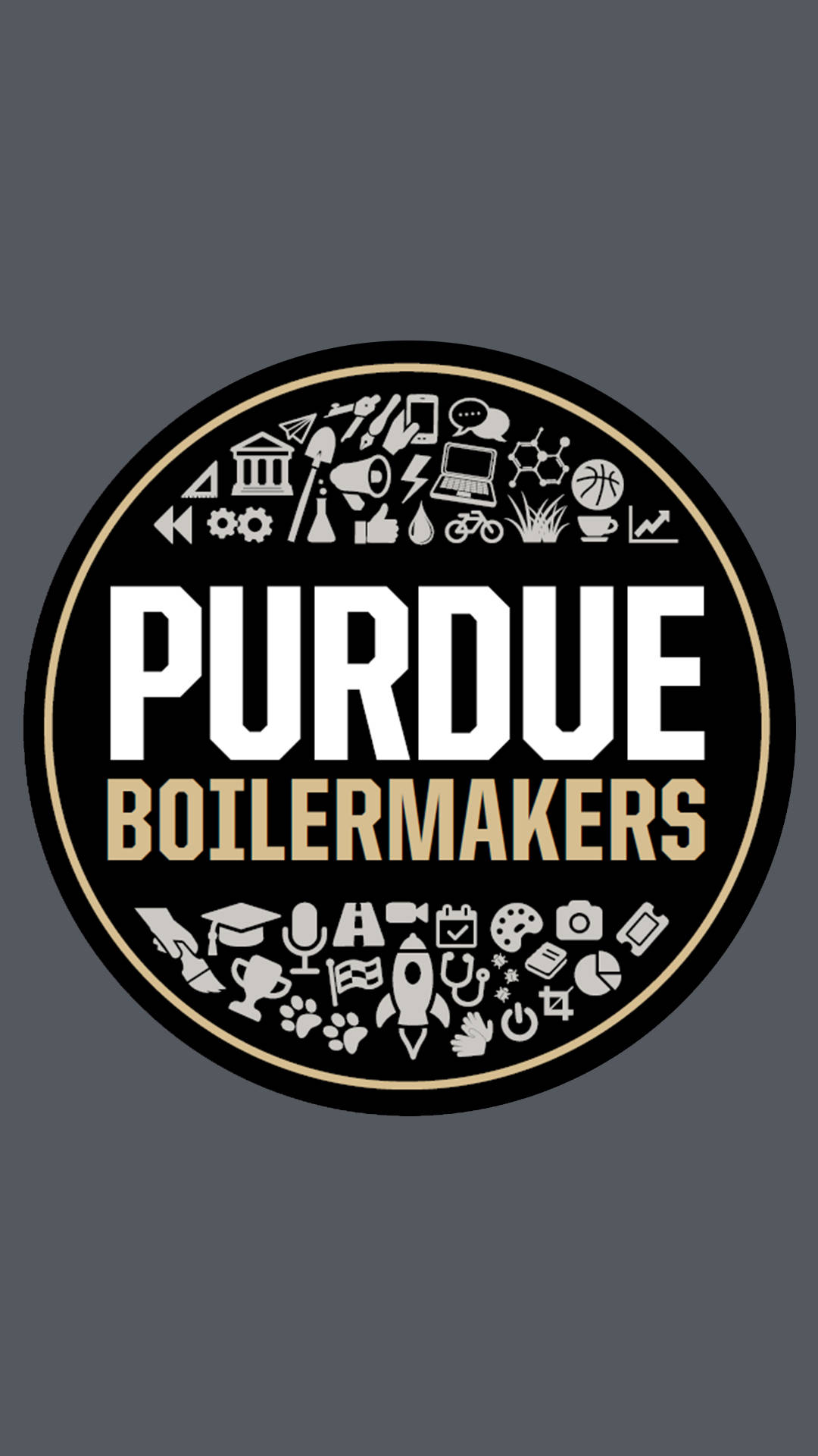 Purdue Boilermakers標誌，圓形邊緣周圍有圖標。