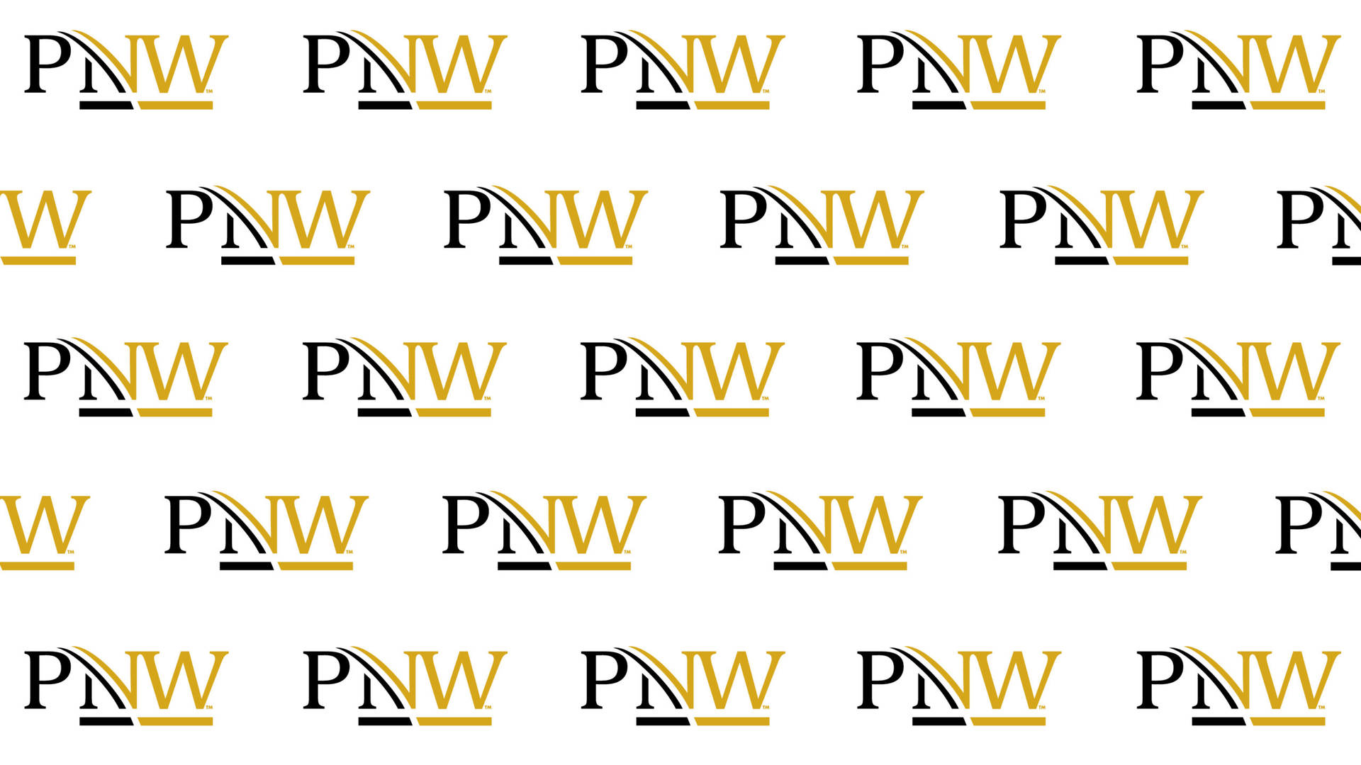 白色背景上黑色和金色的重複PNW標誌圖案。