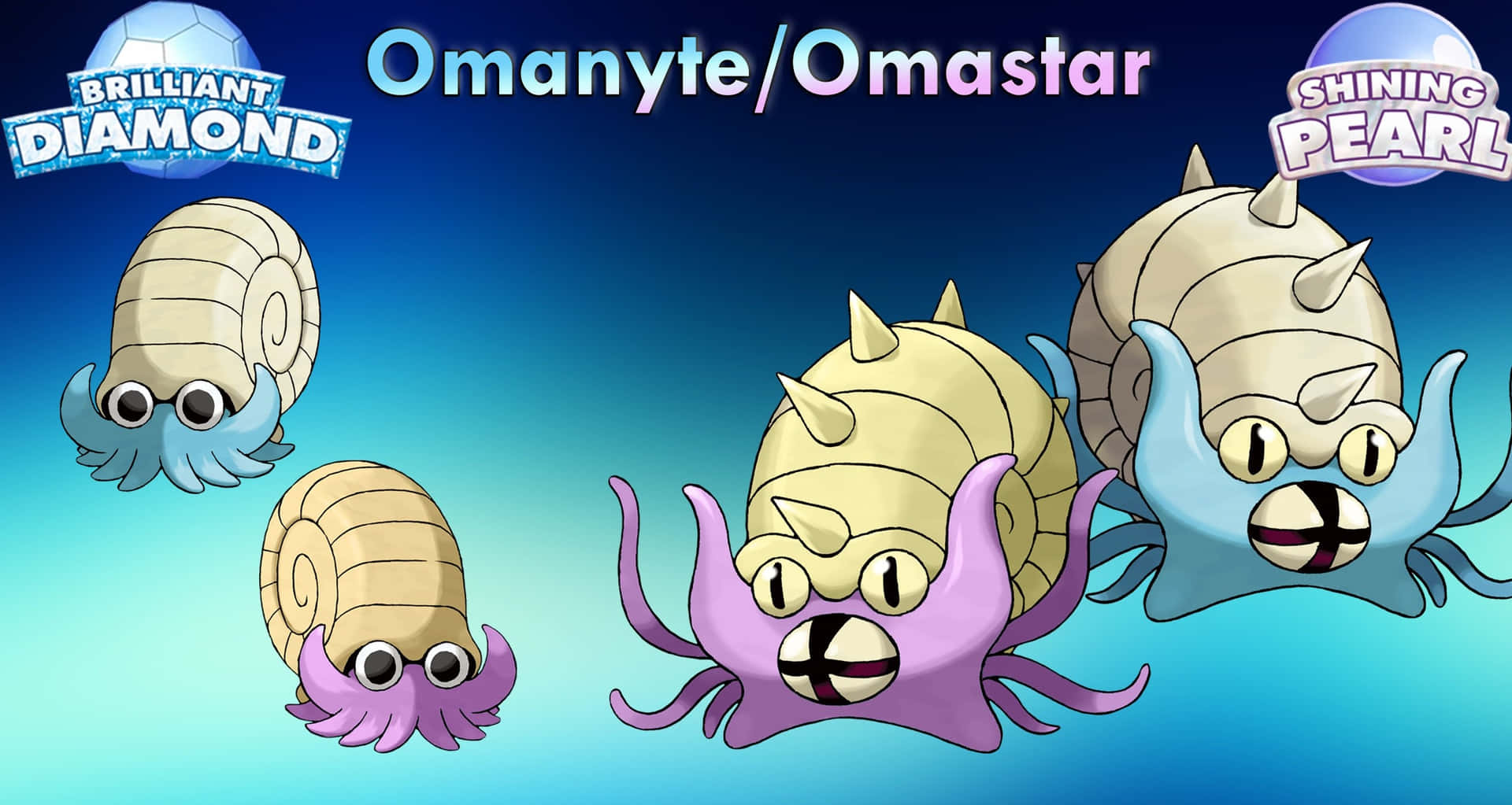 四隻 Omanyte 和 Omastar 寶可夢漂浮在漸變藍色背景上。