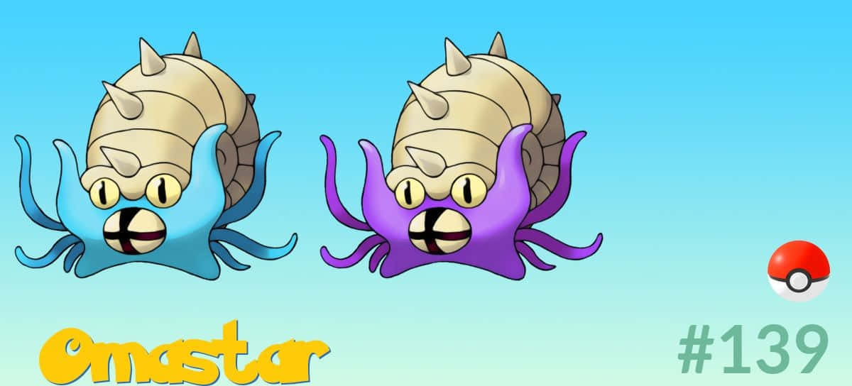 兩隻 Omastar 寶可夢，帶有藍色和紫色的觸手和螺旋殼，漂浮在漸變藍色的天空中。