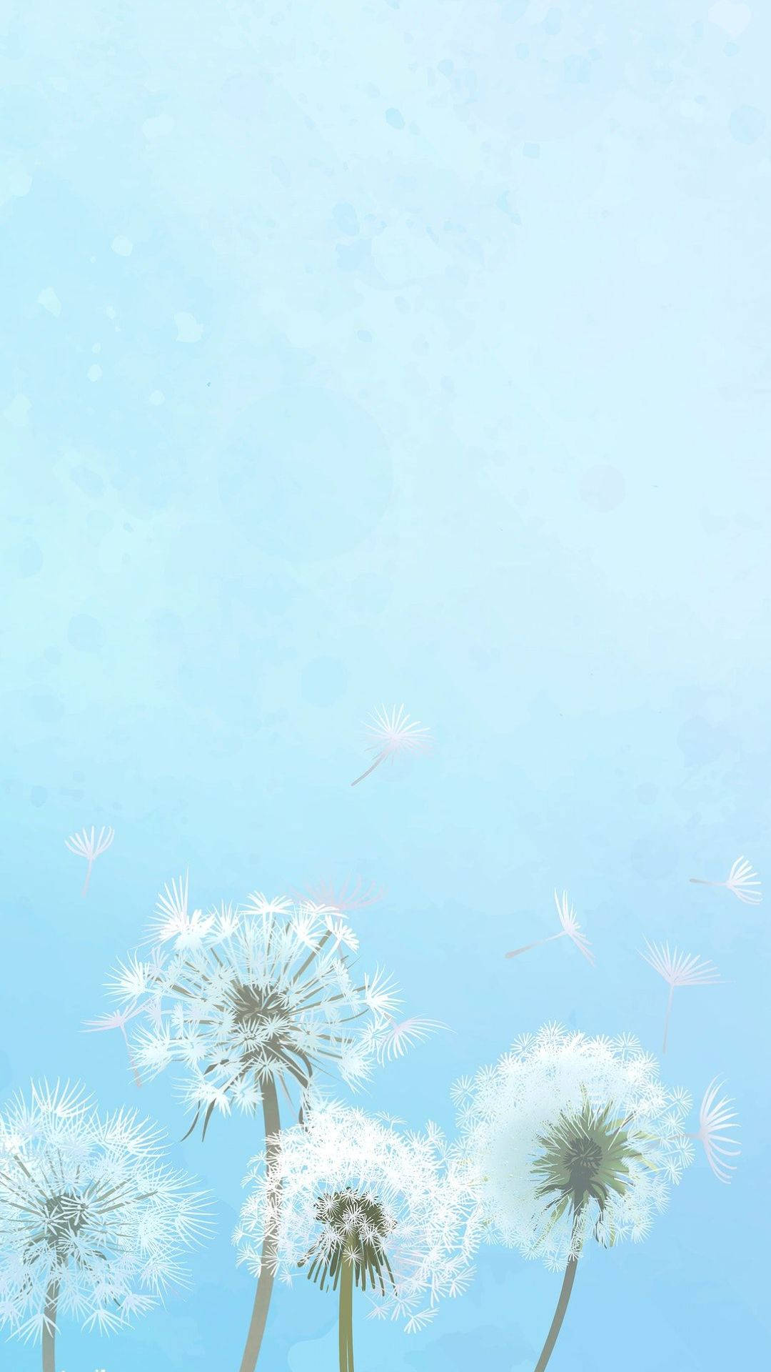 蒲公英種子在柔和藍色水彩天空中飄浮。