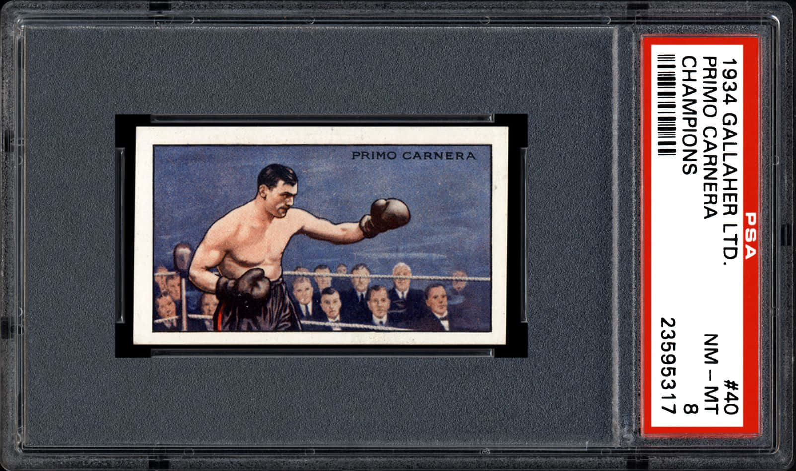 普里莫·卡內拉1934年PSA Gallaher Ltd冠軍收藏卡 壁紙 — 1934年Gallaher Ltd復古拳擊卡，展示Primo Carnera在擂台上充滿動感的姿勢，觀眾在旁觀看。