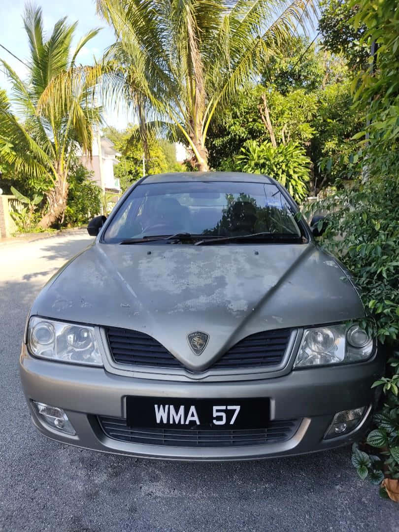 普頓Waja停泊戶外 壁紙 — 一輛灰塵滿佈的灰色蘭吉亞汽車停泊在熱帶車道上，周圍是棕櫚樹和茂密的綠色植物，在明亮的日光下。