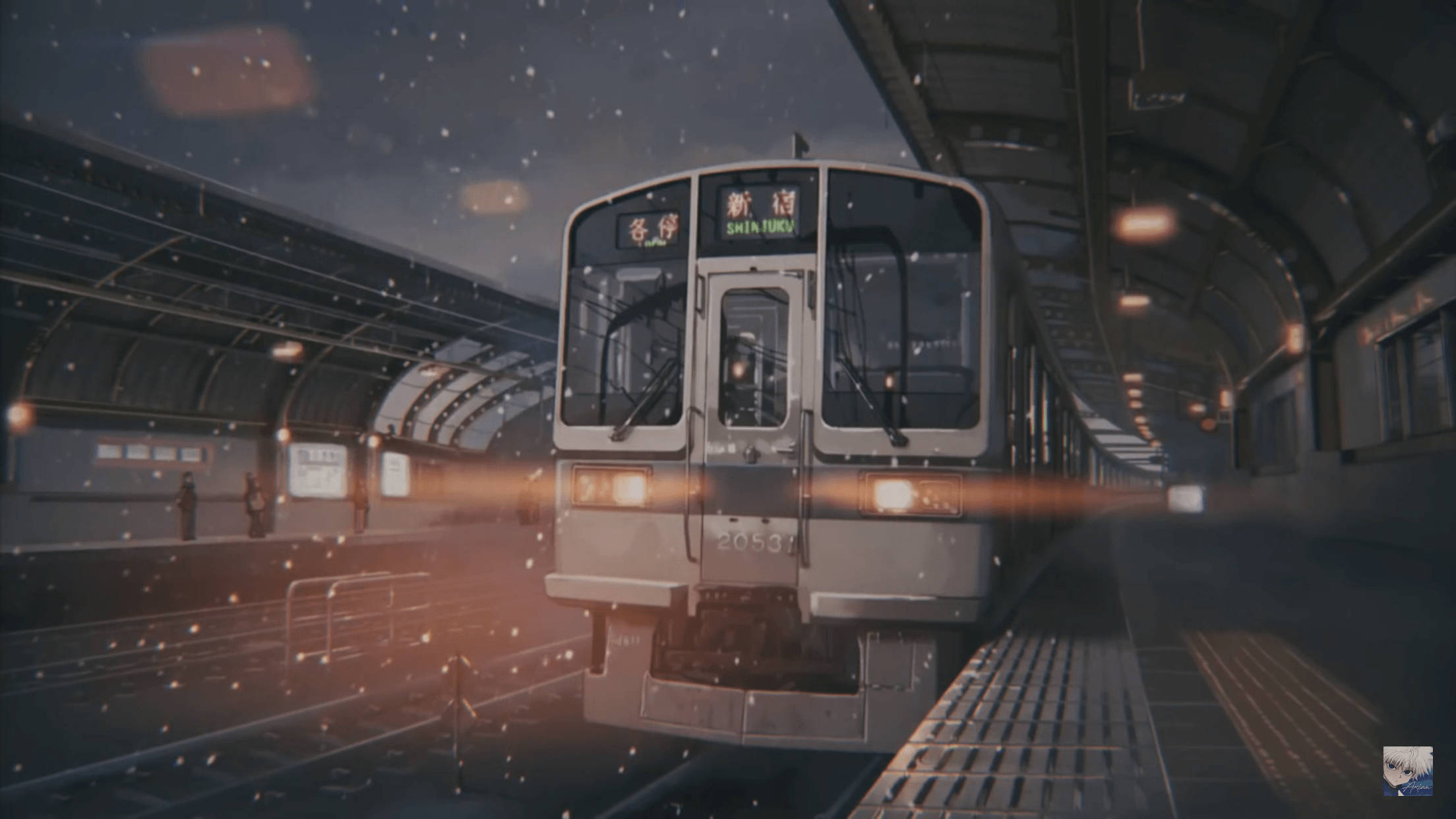 晴日下悠閒的Lo-fi雲朵風景 壁紙 — 一列銀色火車在星光燦爛的夜空下，伴隨著閃爍的燈光和飄落的雪花，抵達一個積雪的車站月台。