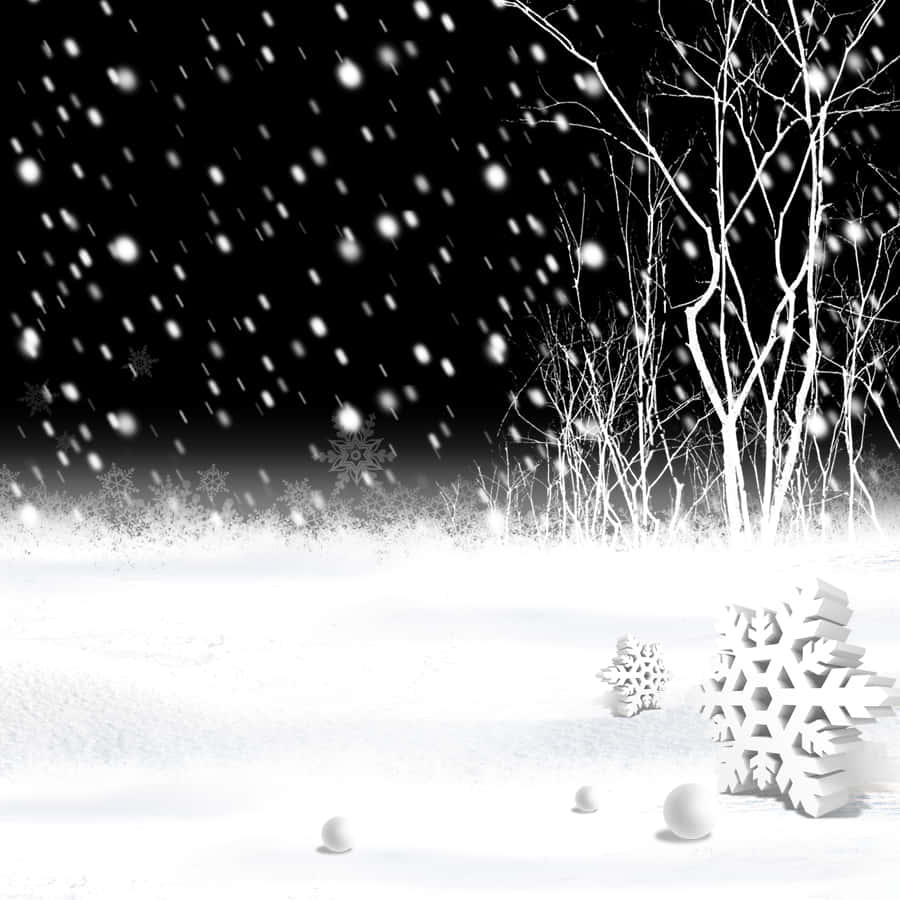 夜晚，雪花飄落在有裸樹和裝飾性雪花的雪地上。