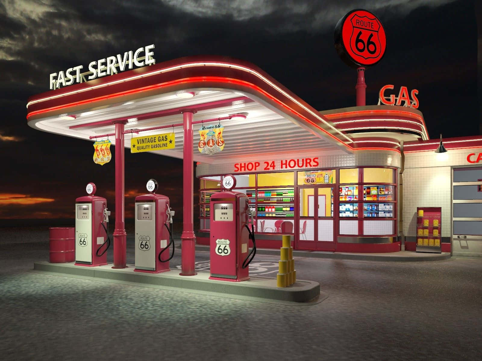 復古加油站，Route 66標誌在黃昏時發光。