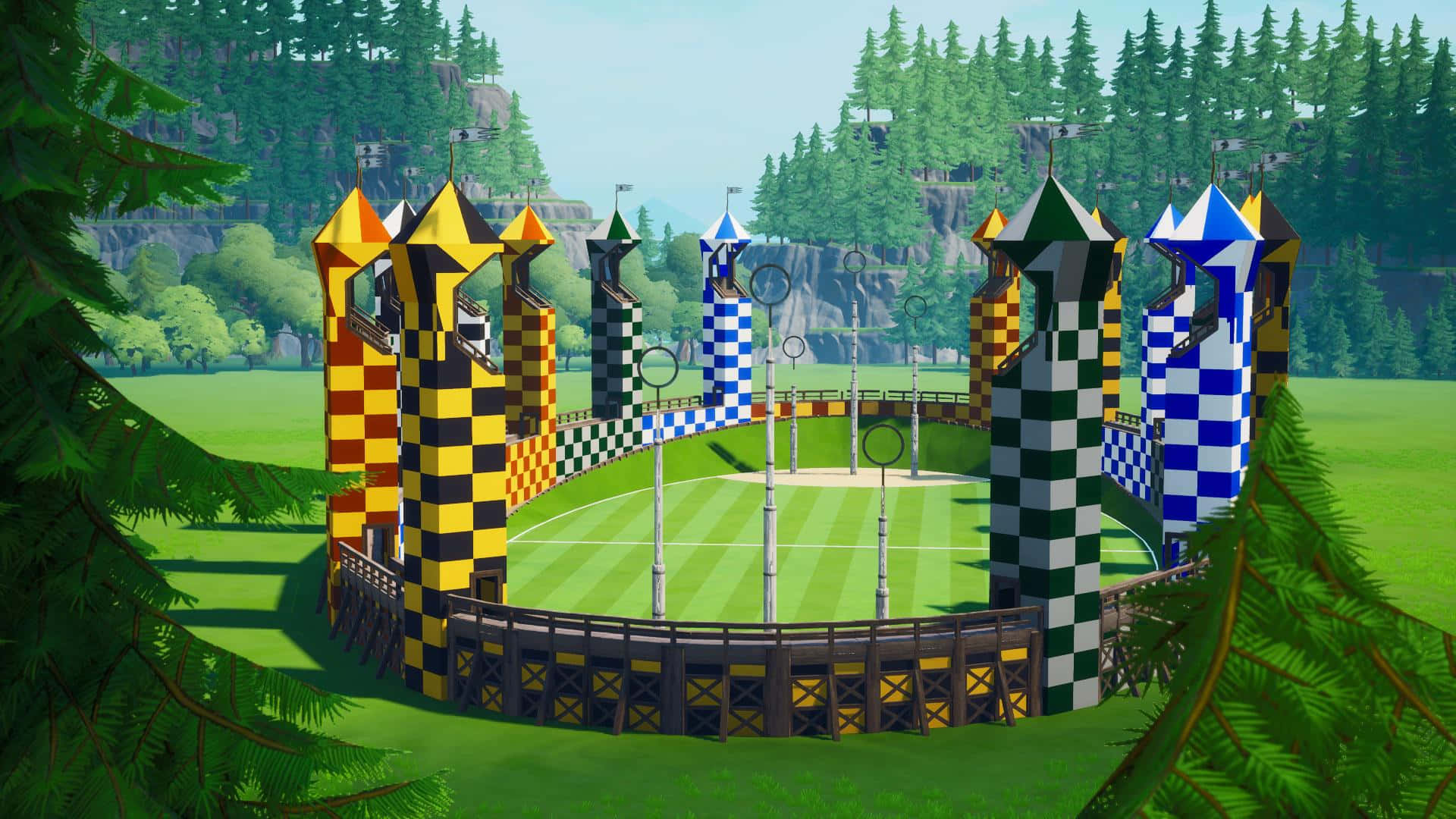 The Hogwarts Quidditch Pitch 桌布 壁紙 — 晴朗天空下，一個被格仔塔樓和樹林覆蓋的山丘包圍的魁地奇球場的鮮豔數碼插圖。