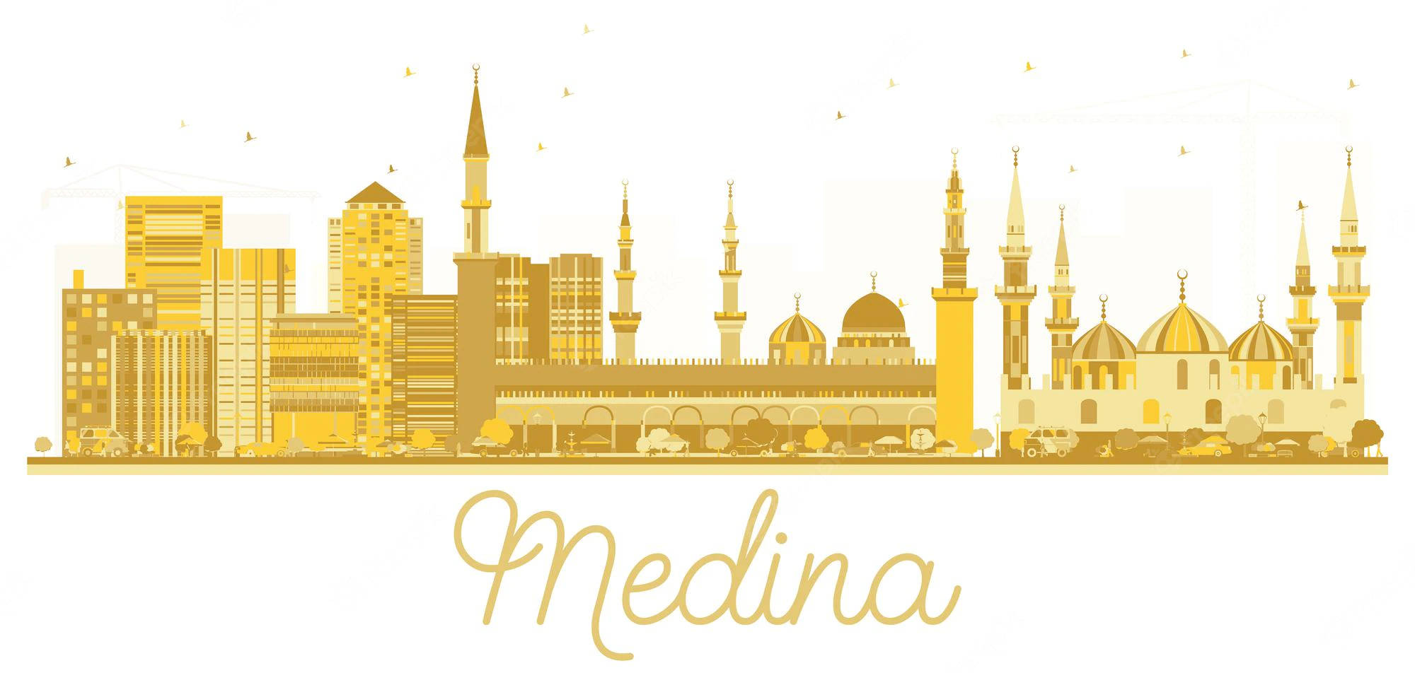Madina 桌布 壁紙 — 晴朗天空下，麥地那天際線的金色剪影，包含歷史清真寺和現代建築。