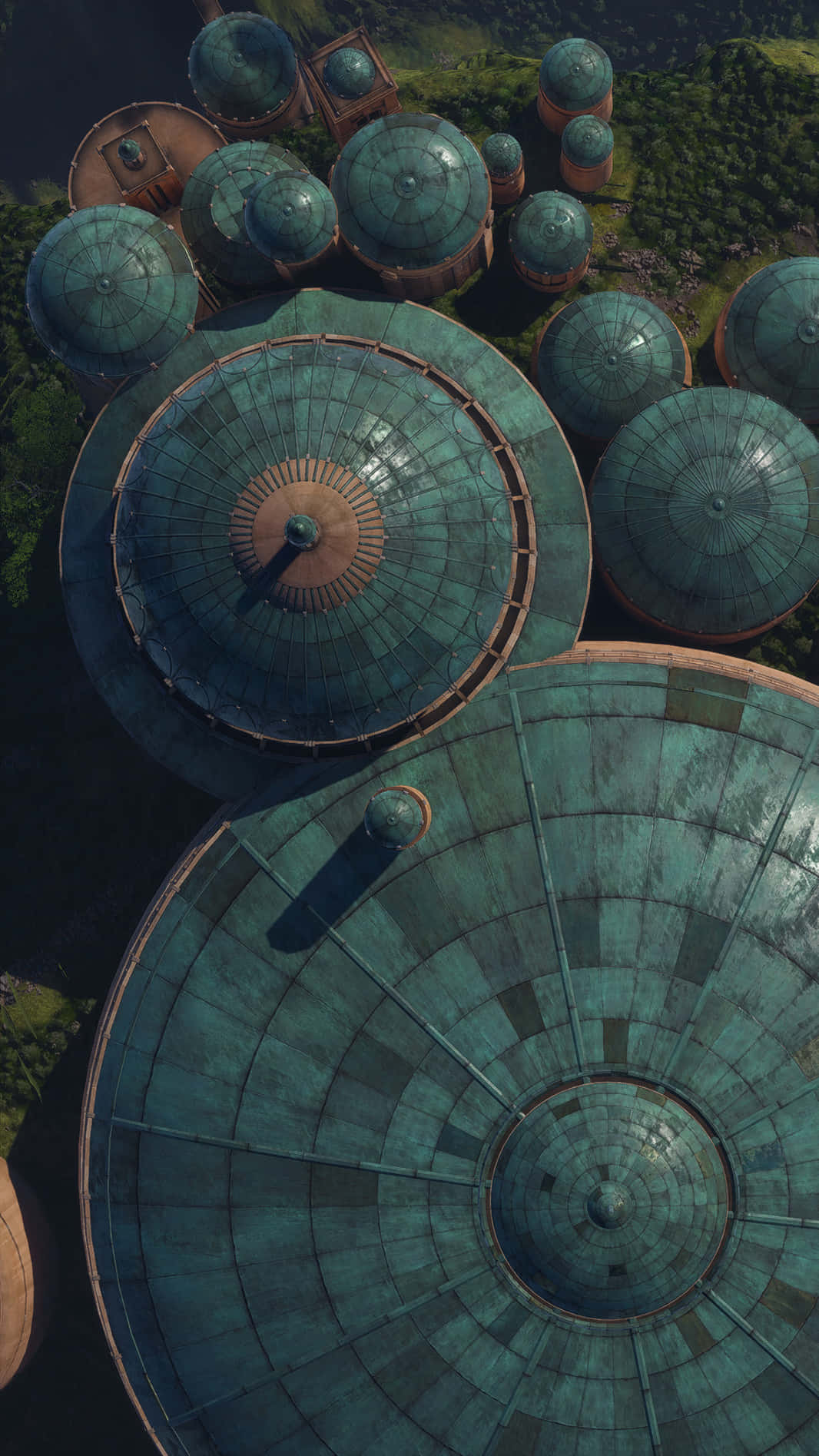Naboo 桌布 壁紙 — 晴朗日光下，大片青綠色圓頂建築群坐落於翠綠山丘之間的鳥瞰圖。