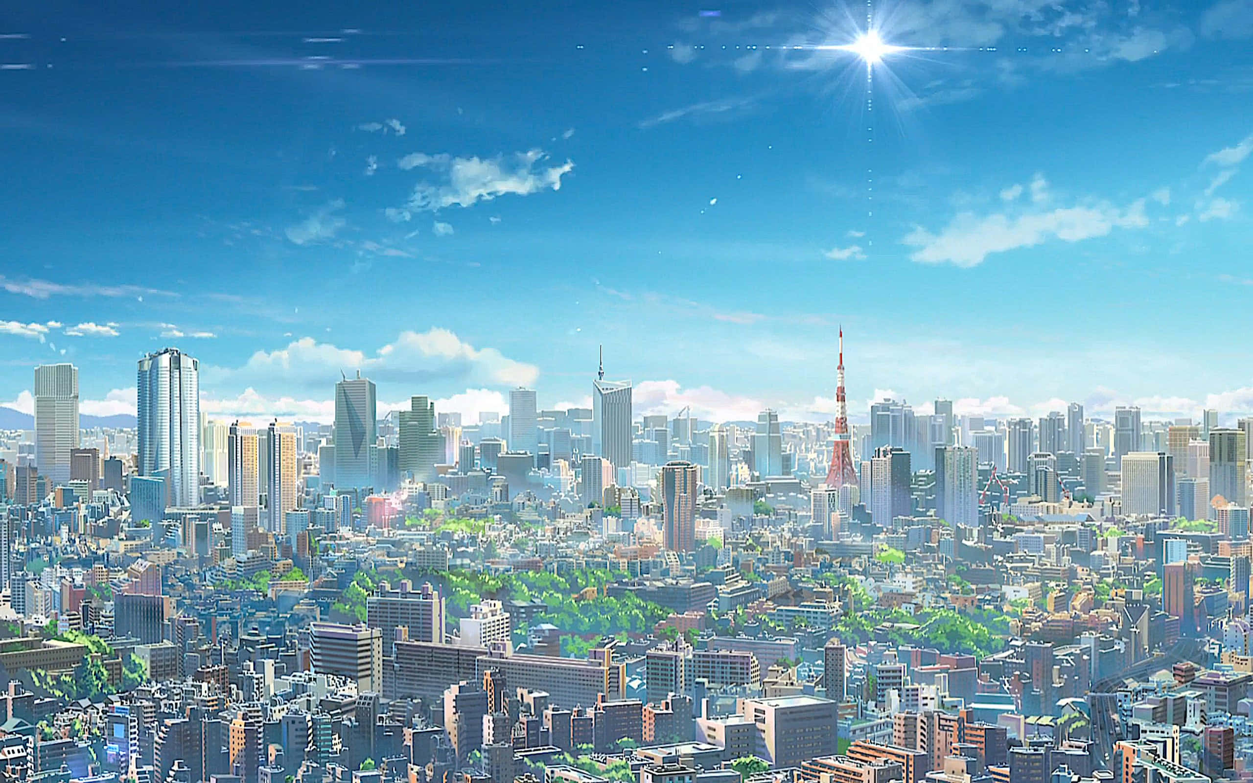 東京 桌布 壁紙 — 晴朗明媚的一天，在廣闊的未來城市景觀中，高聳的摩天大樓和一座顯眼的紅色塔樓在鮮豔的藍天下。
