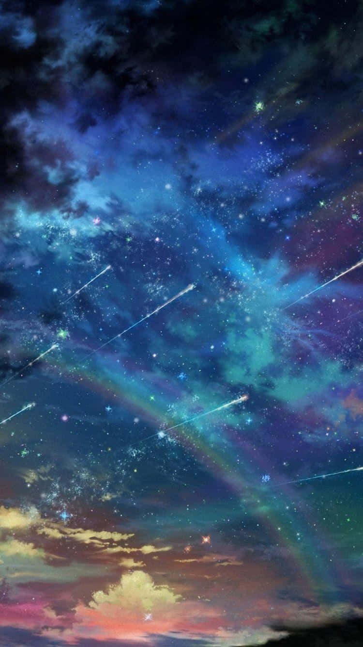 充滿活力的宇宙天空，有流星和色彩繽紛的星雲，在暮色雲層之上。