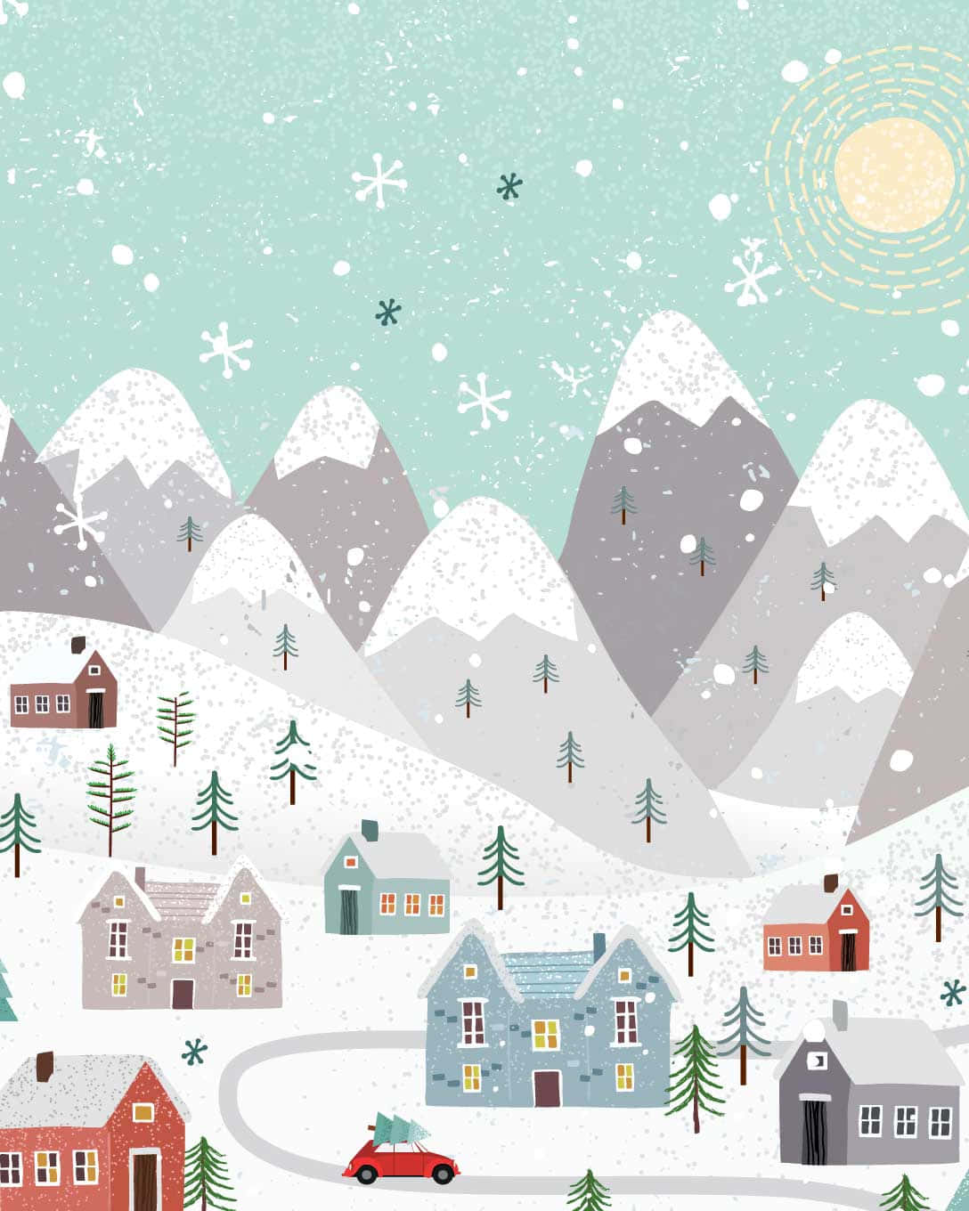 晴空下的可愛冬日風景 壁紙 — 一個異想天開的冬季村莊，坐落在白雪覆蓋的山脈中，在青綠色的天空下，飄落的雪花和溫暖的太陽。