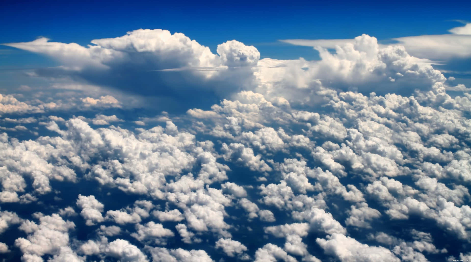 廣闊的天空充滿了蓬鬆的白雲，在明亮的藍天下。