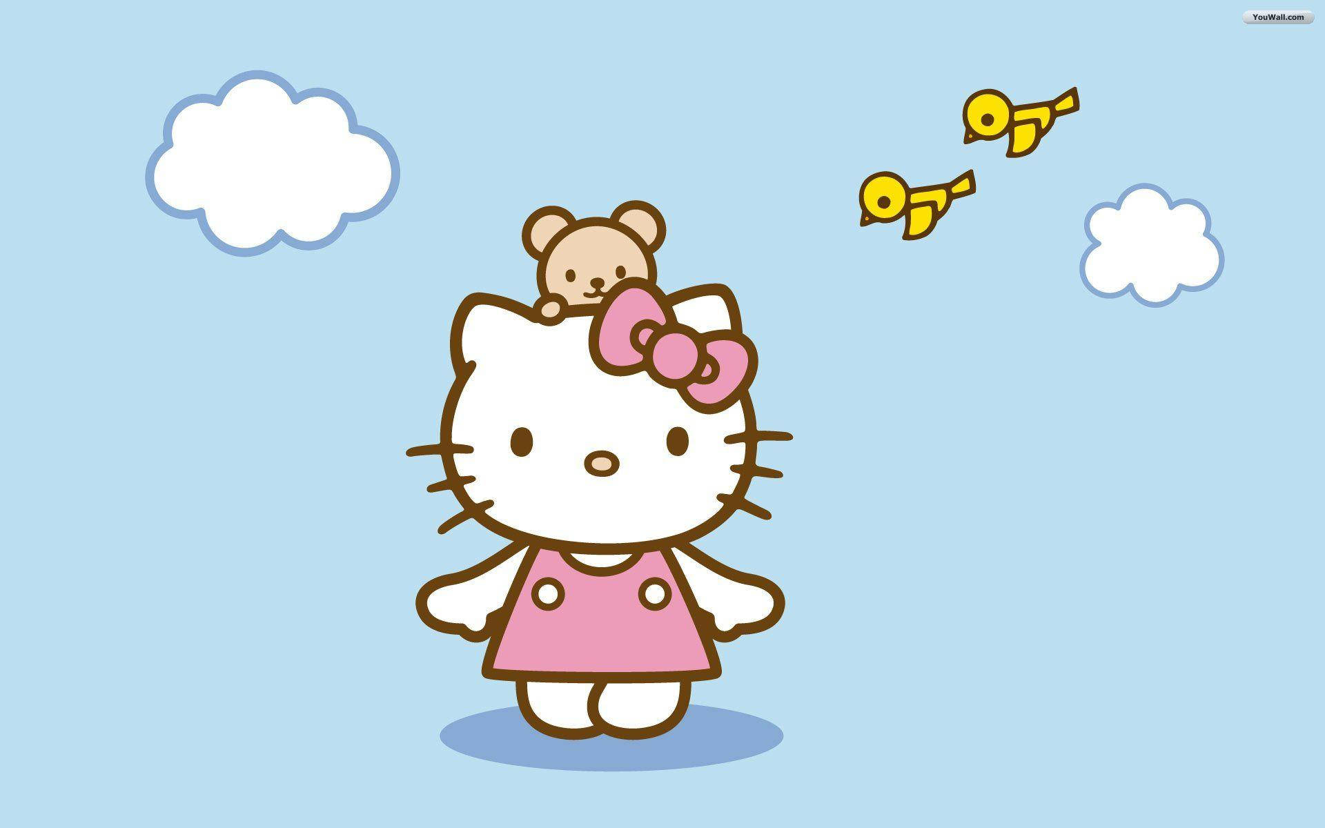 晴空藍色 Hello Kitty 桌面 壁紙 — Hello Kitty 身穿粉紅色連衣裙，頭頂有泰迪熊，兩隻黃色小鳥在淺藍色雲天中飛翔。