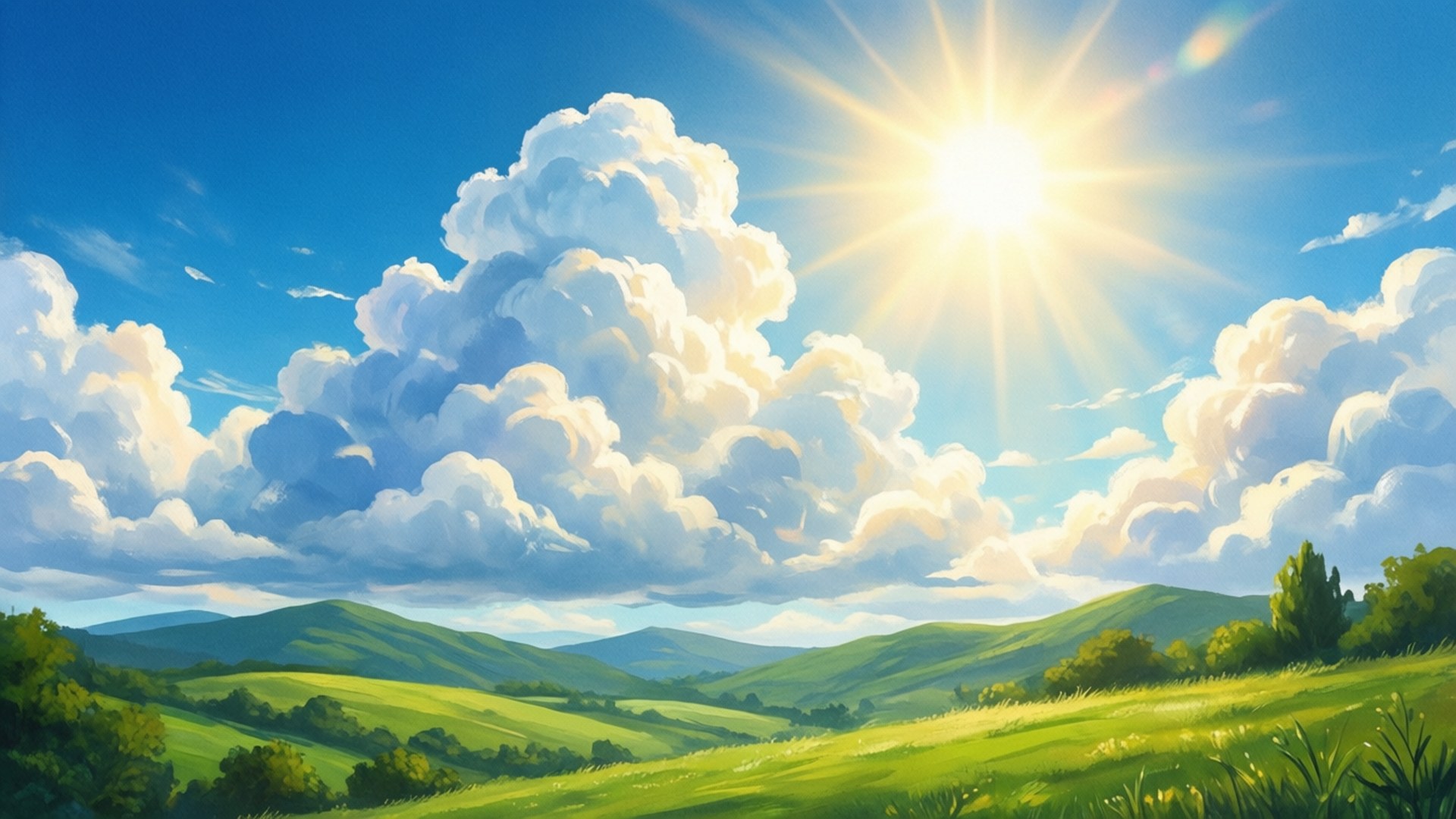 陽光穿過雲層，照耀在連綿的綠色山丘和草地上。