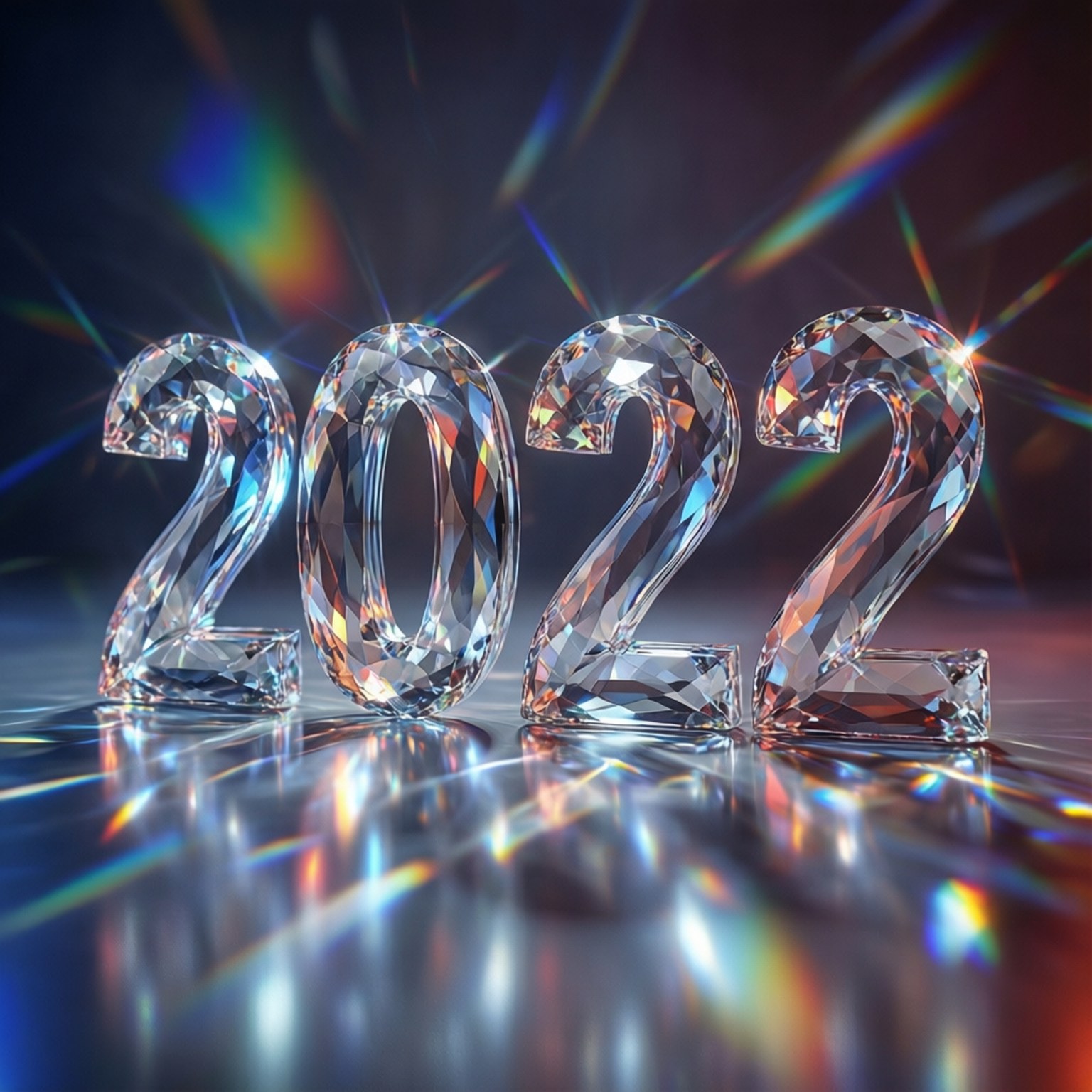 閃亮的鑽石數字2022在反射表面上帶有彩虹光效