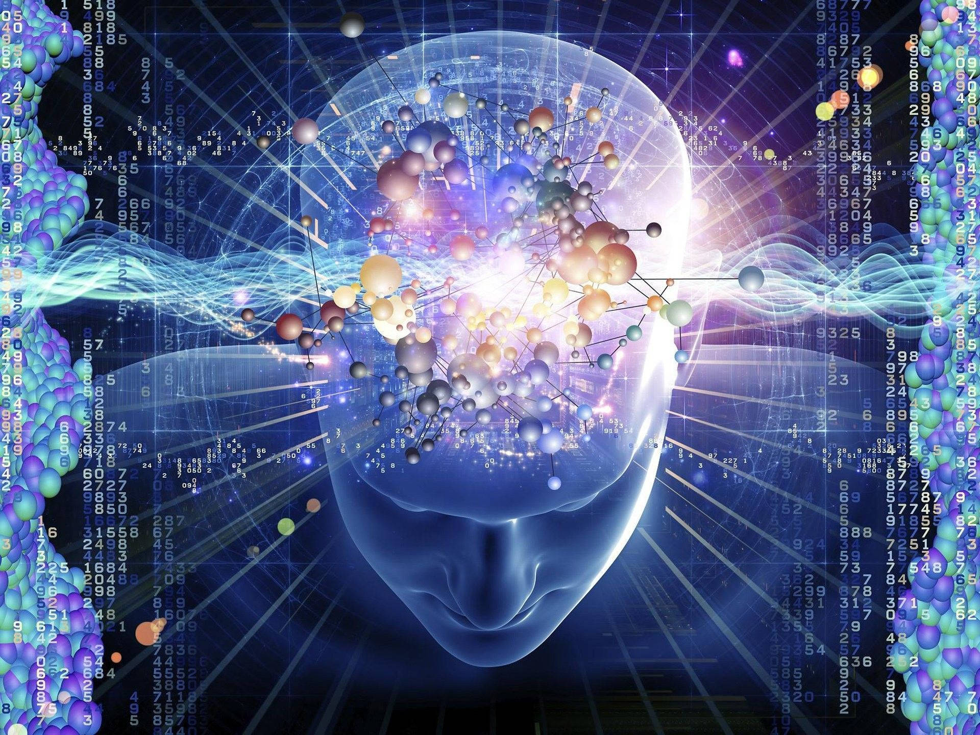 一個發光的人類頭部，周圍有分子結構和數據流動。