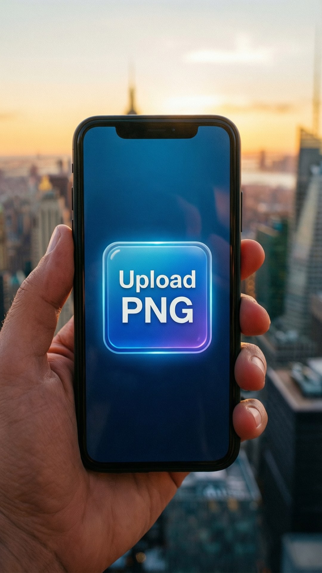 手拿著手機，上傳PNG按鈕在城市日落之上