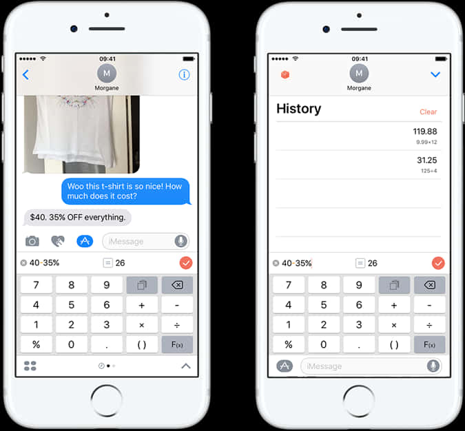 智慧手機螢幕顯示聊天與計算器 壁紙 — 兩個 iPhone 螢幕顯示 iMessage 應用程式，包含 T 恤照片和價格計算，以聊天和歷史記錄檢視。