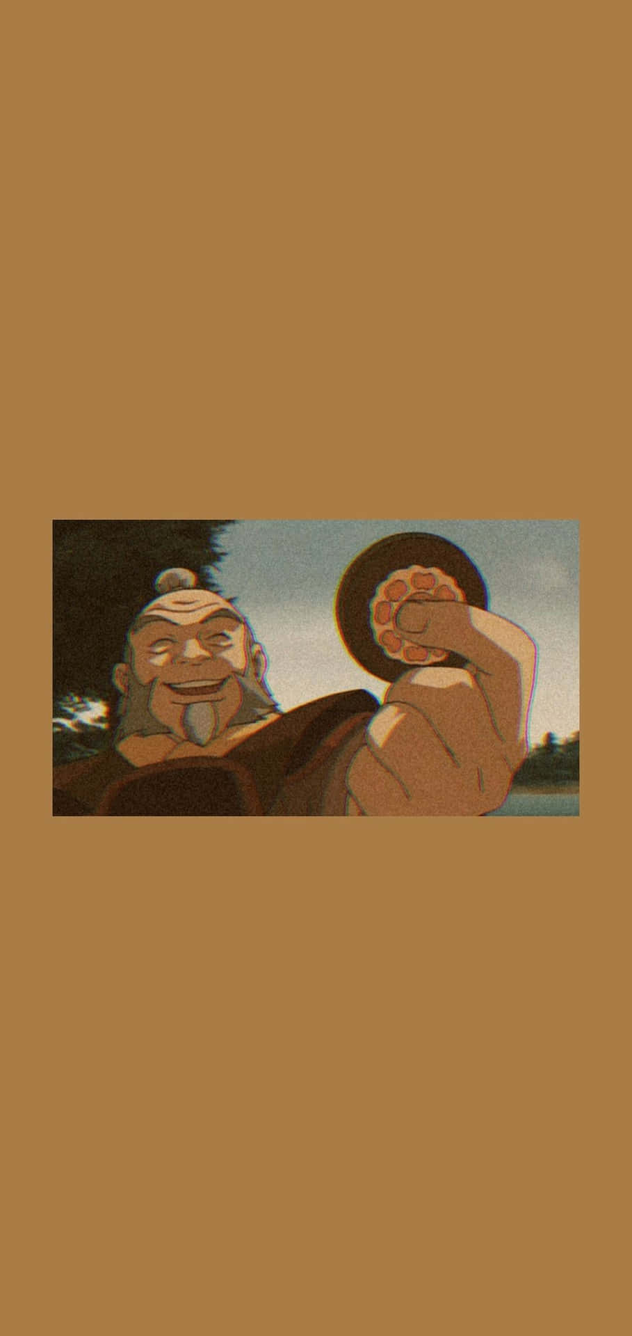 動畫風格的長者留著鬍子，在戶外舉起圓形物體。