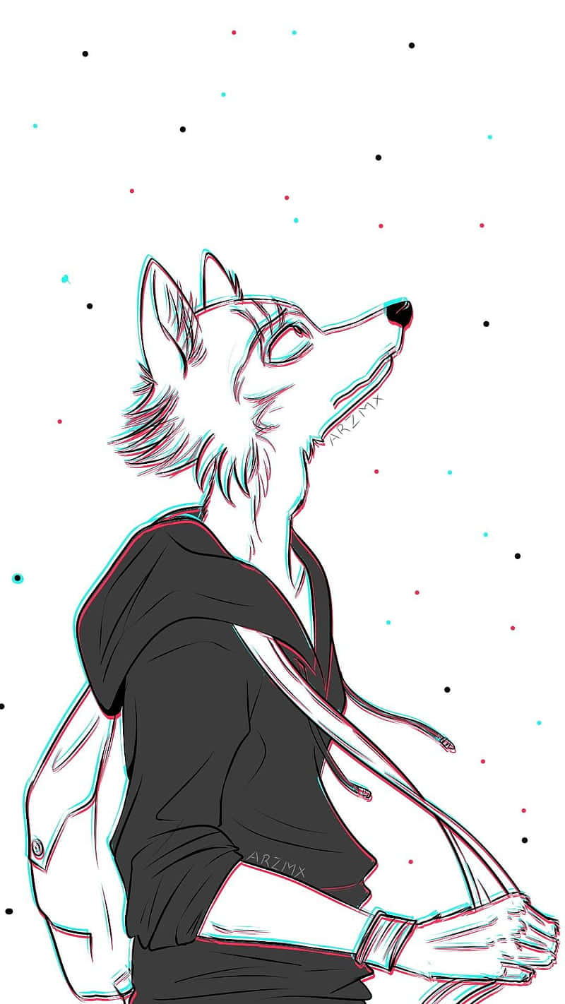 智慧而尊貴的 Legosi 壁紙 — 一隻風格化的擬人化狼穿著連帽衫，仰望星空，帶有彩色故障輪廓。