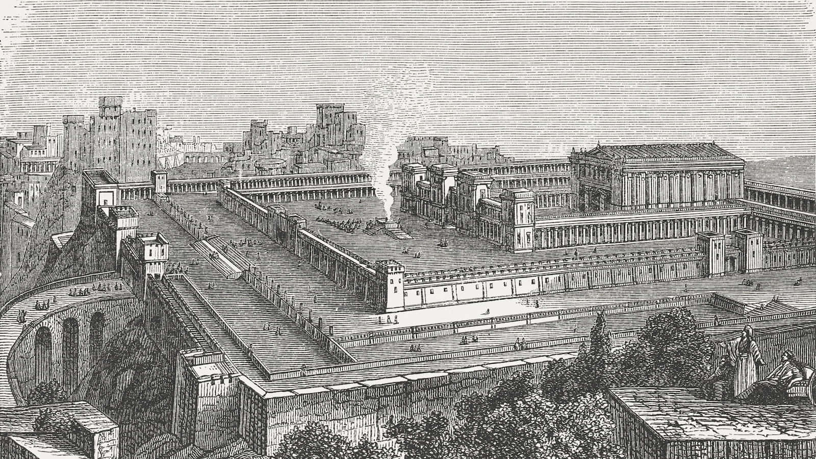 以黑白版畫呈現的歷史羅馬城市，有橋樑和古典建築。