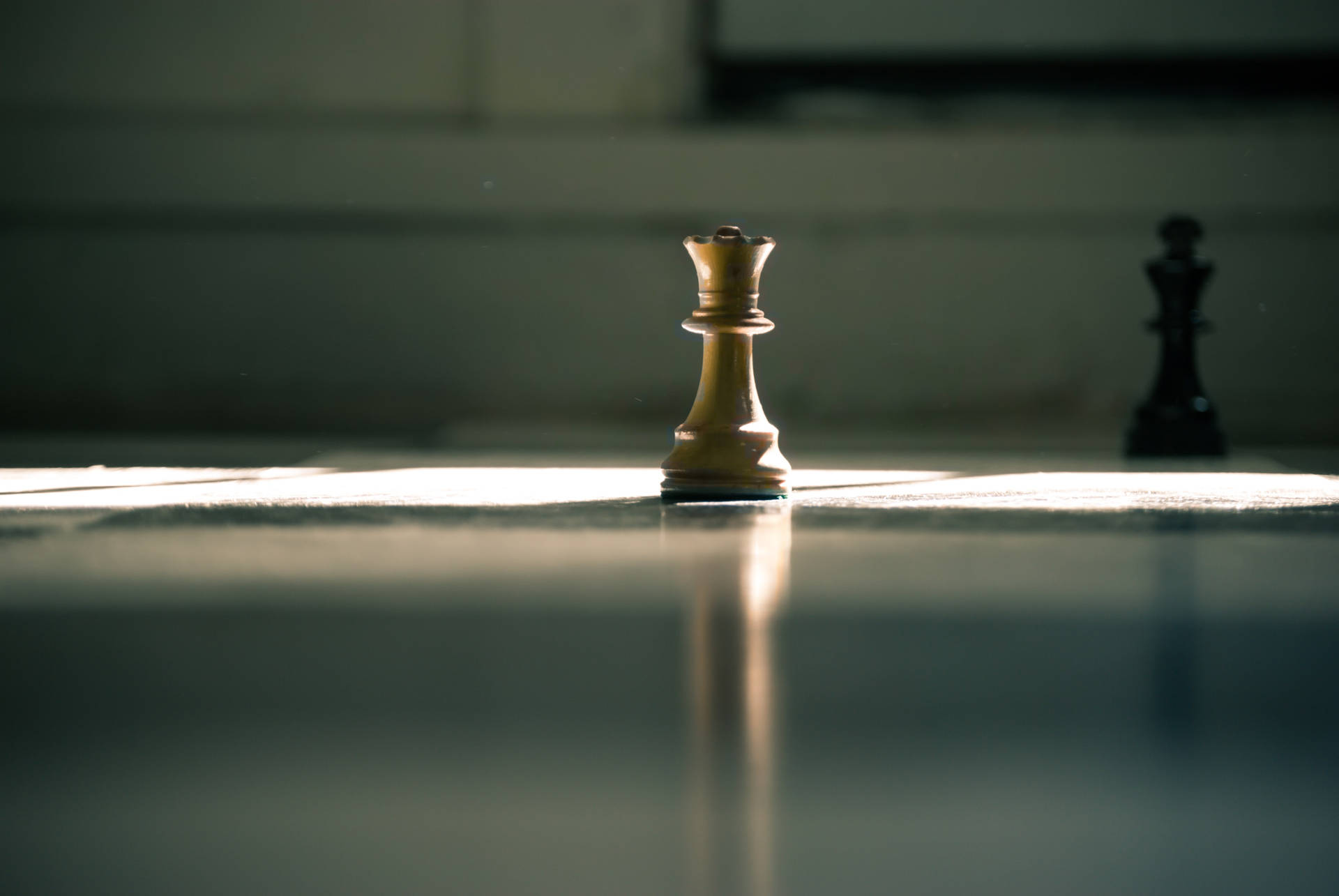 一個被陽光照射嘅國際象棋國王喺反光棋盤上，背景有一個深色對手棋子。