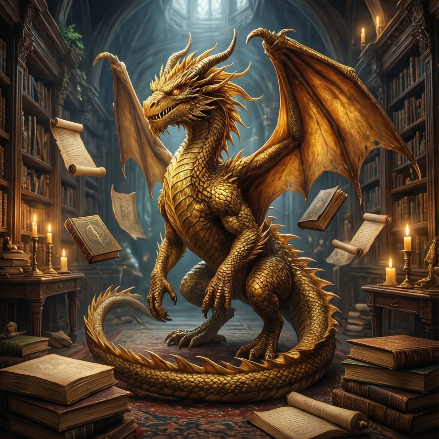 智慧龍圖書館 壁紙 — 一隻雄偉的金色龍展開翅膀，站在燭光哥德式圖書館中漂浮的書籍之間。