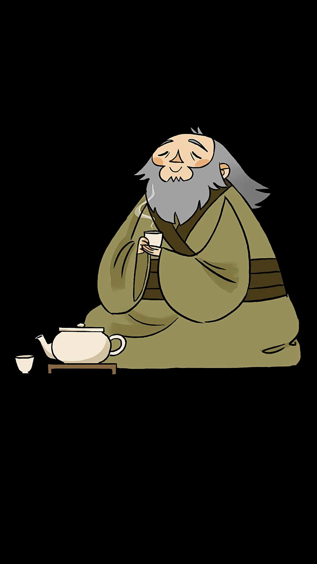 一位身穿長袍的長者正在喝茶，旁邊有茶壺。