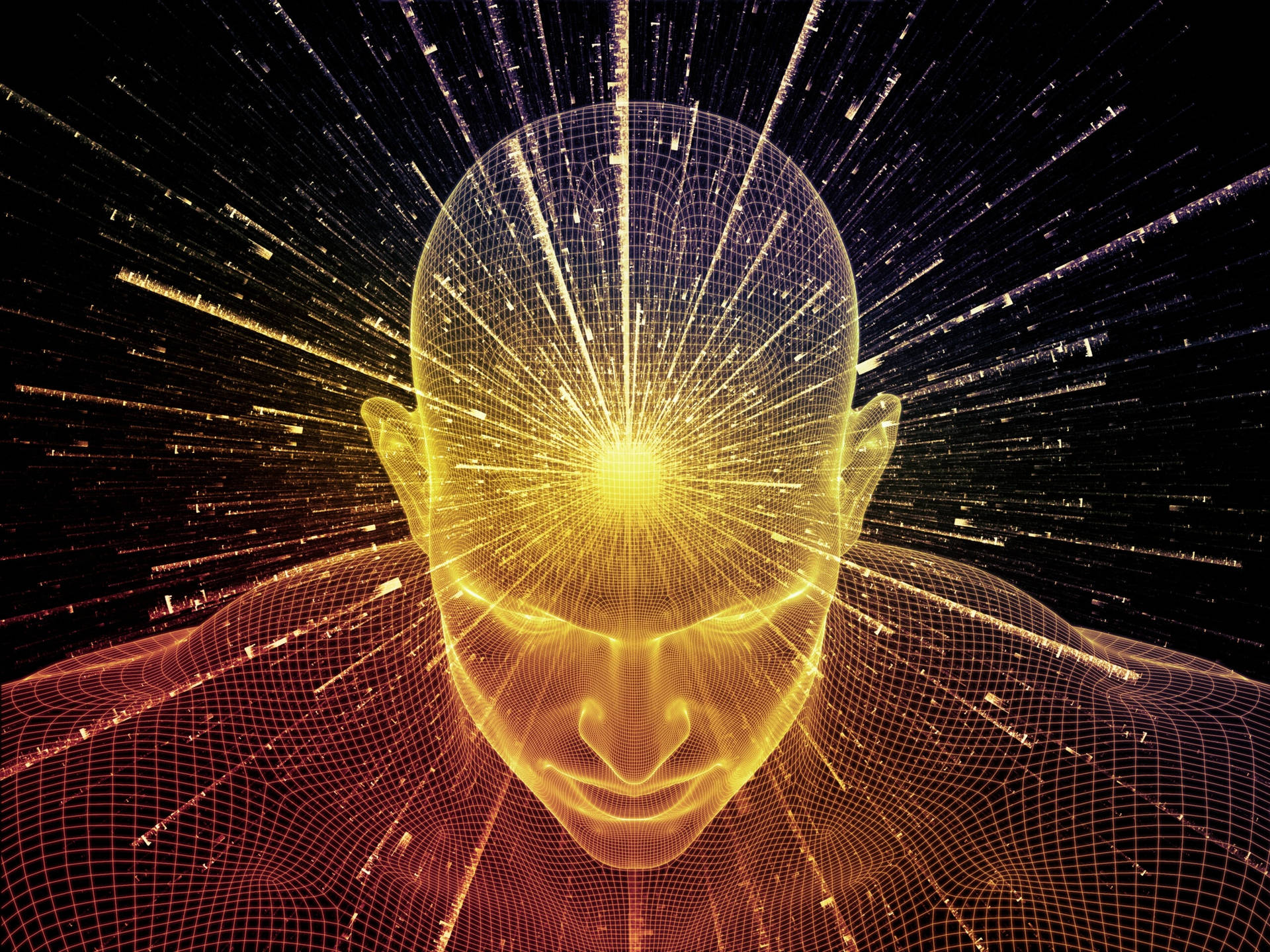 在黑暗的宇宙背景下，線框人頭閃耀著金色能量。